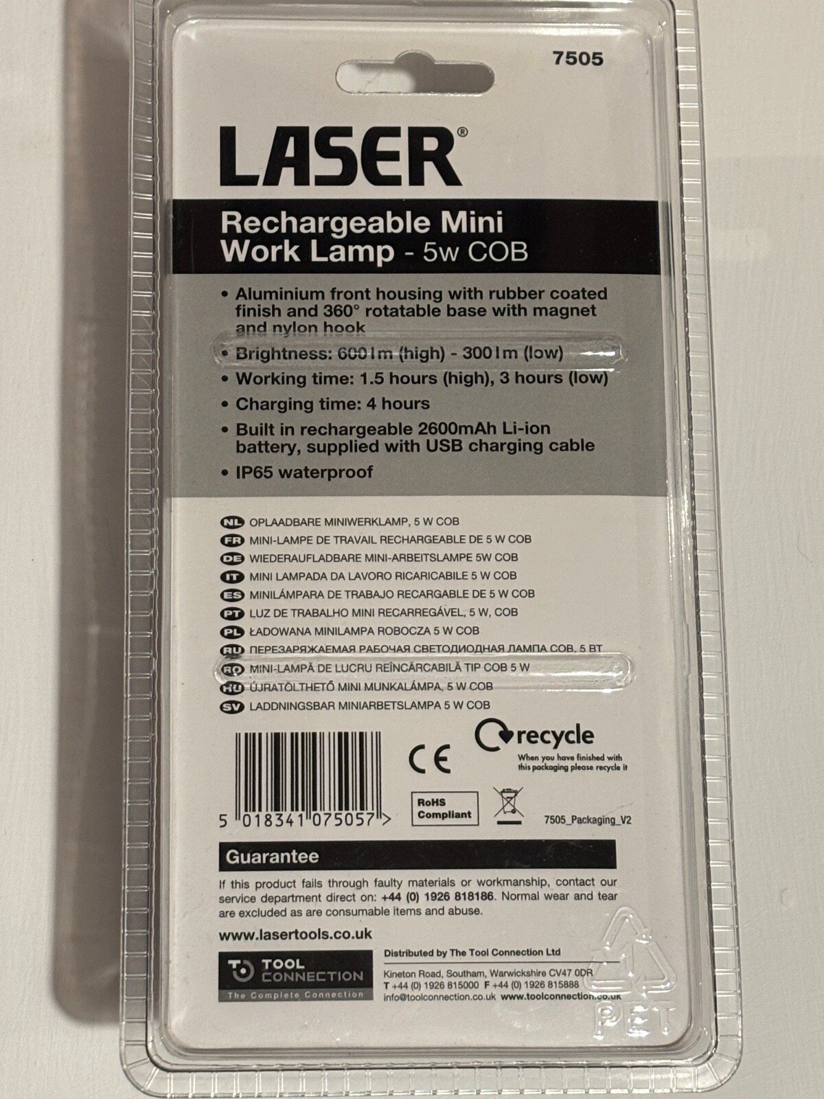 Laser 7505 Rechargeable Mini Work lamp 5w COB 600ml (H) 300ml (L) new sealed