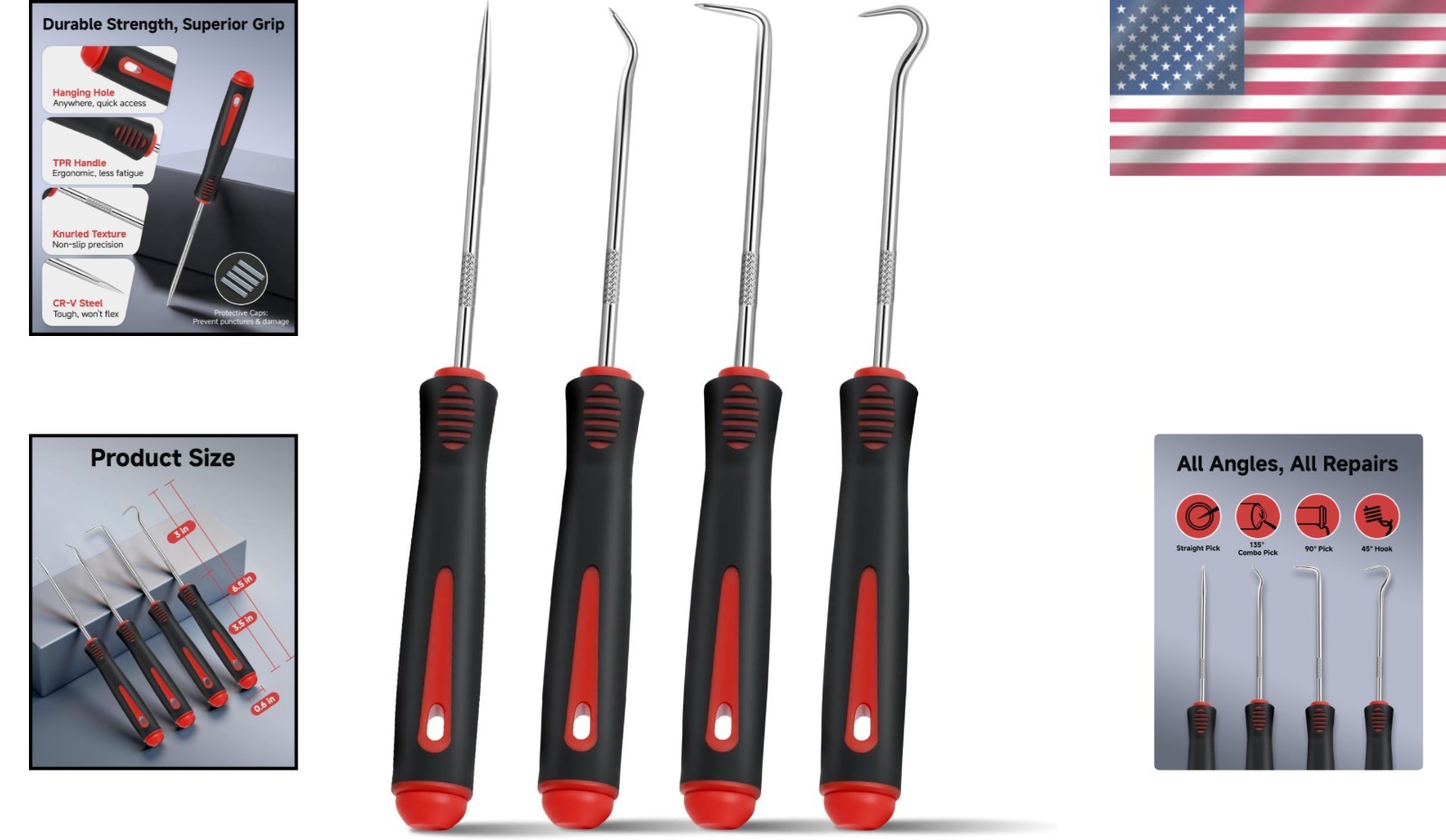 Hardened Steel 4-Piece Pick Set with Non-Slip Grip for O-Ring and Gasket Repair