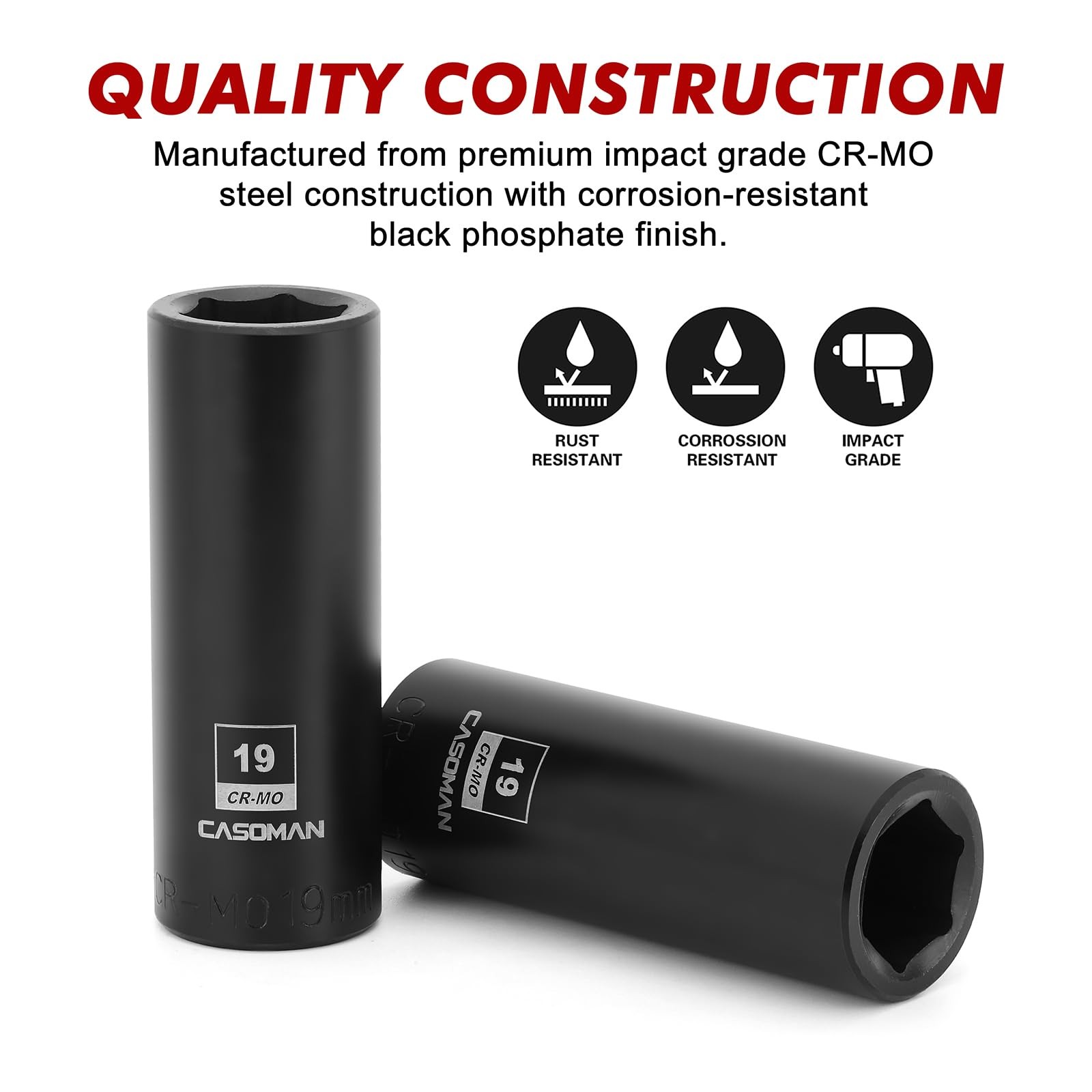 CASOMAN 2PCS 1/2-Inch Drive Deep Impact Socket-19mm, 6-Point, Metric, 19 mm