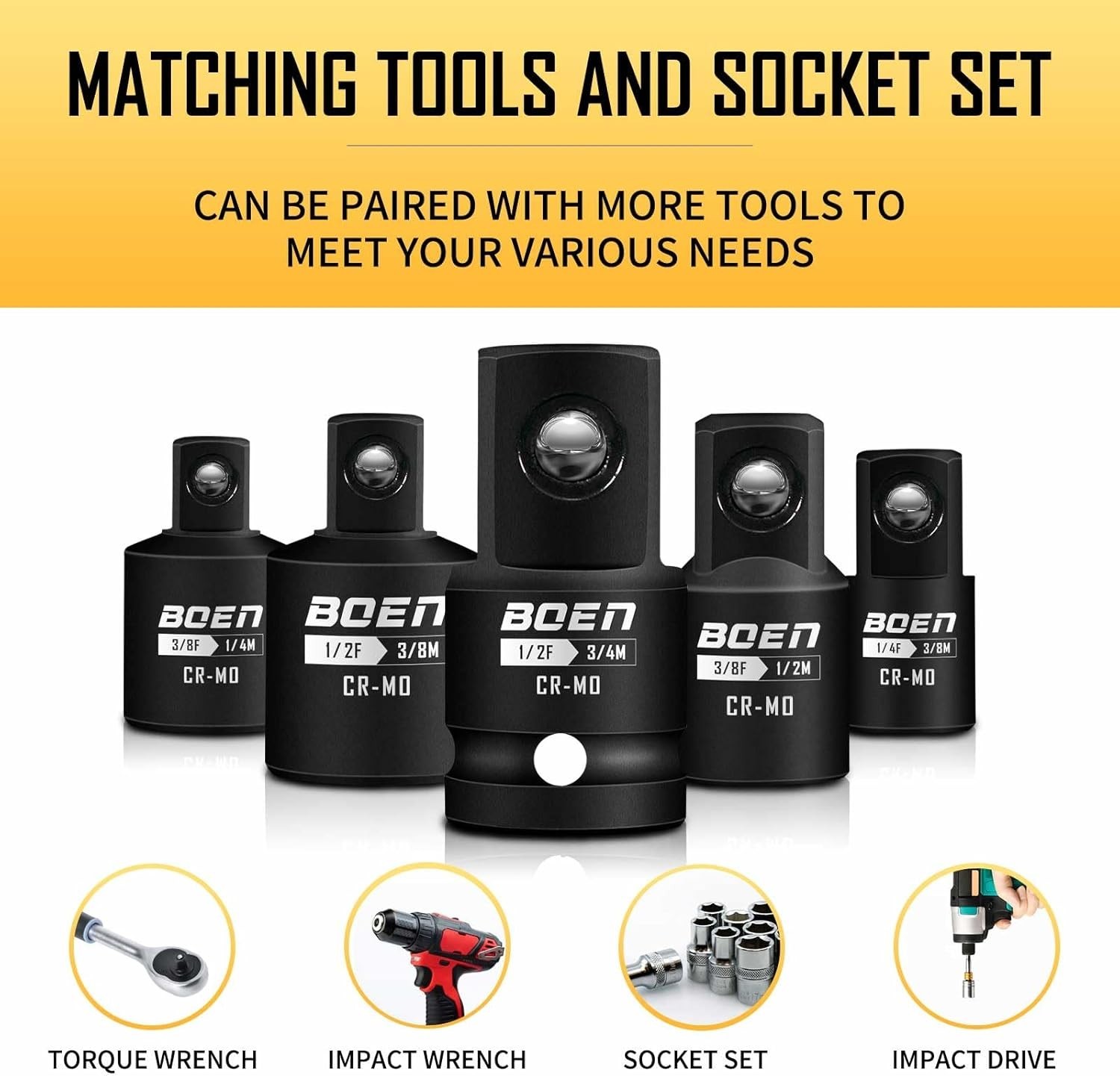 5 Piece Impact Socket Adapter Set and Reducer Set, Standard SAE, 1/4″, 3/8″, …