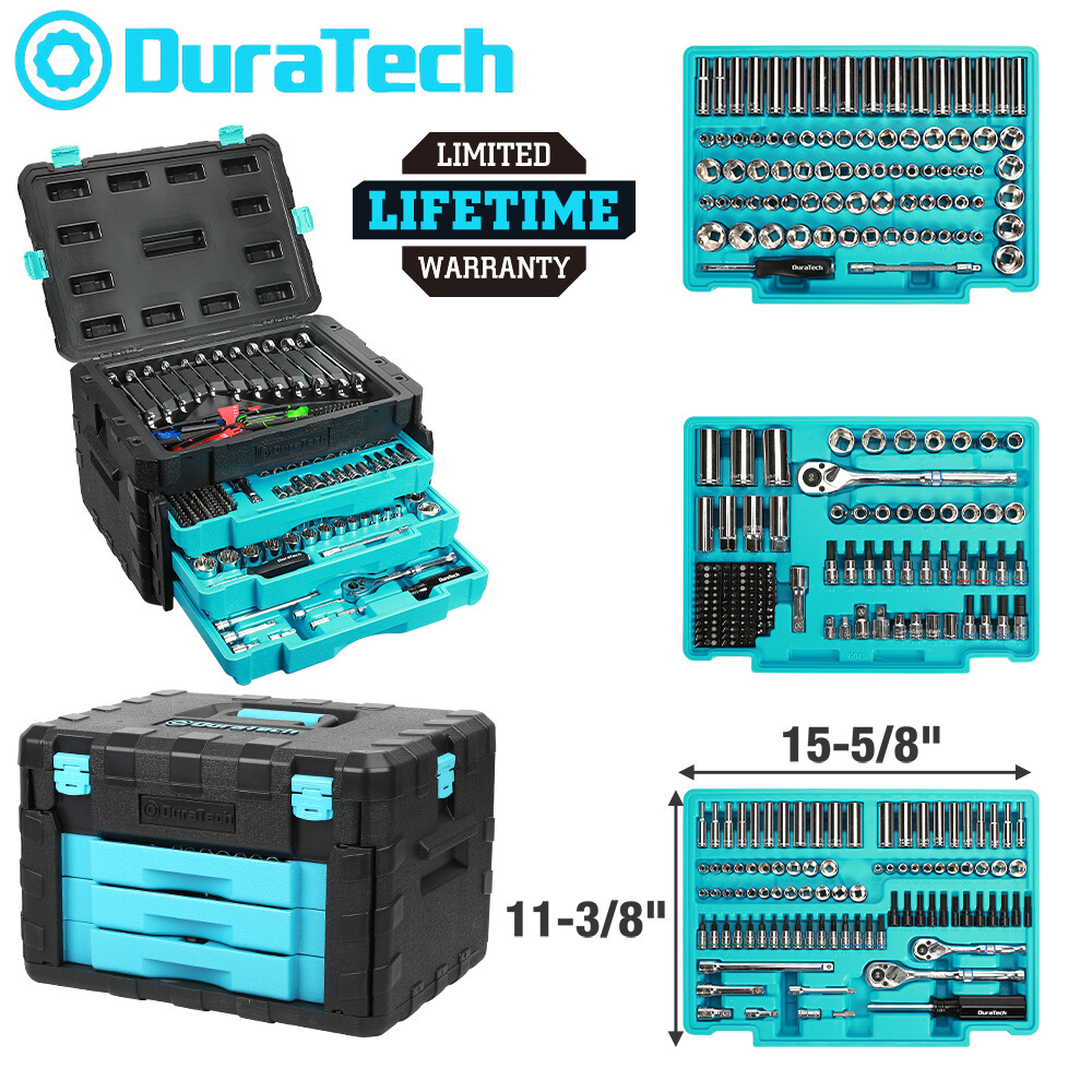 DURATECH 497 PC Mechanics Tool Set w/SAE/Metric Sockets w/3 Drawer Tool Box
