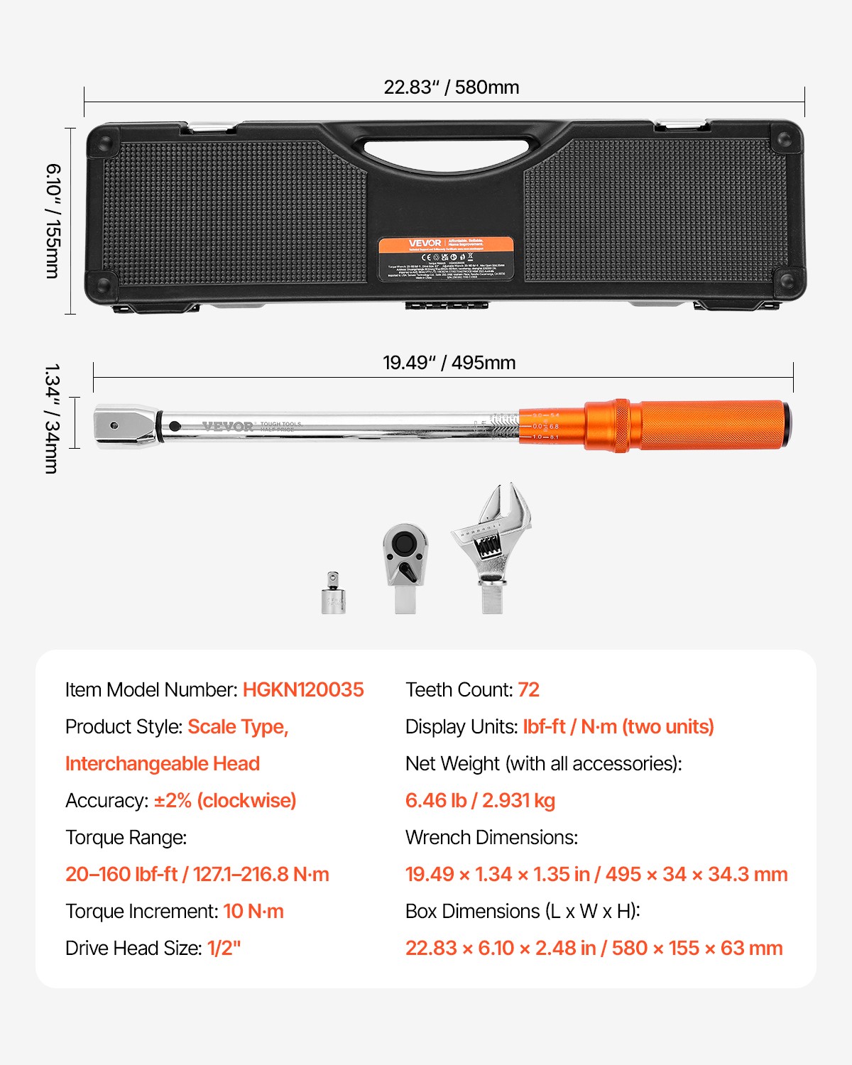 VEVOR Adjustable Click Torque Wrench 1/2 In Drive 20-160 lbf-ft / 27.1-216.8 N.m