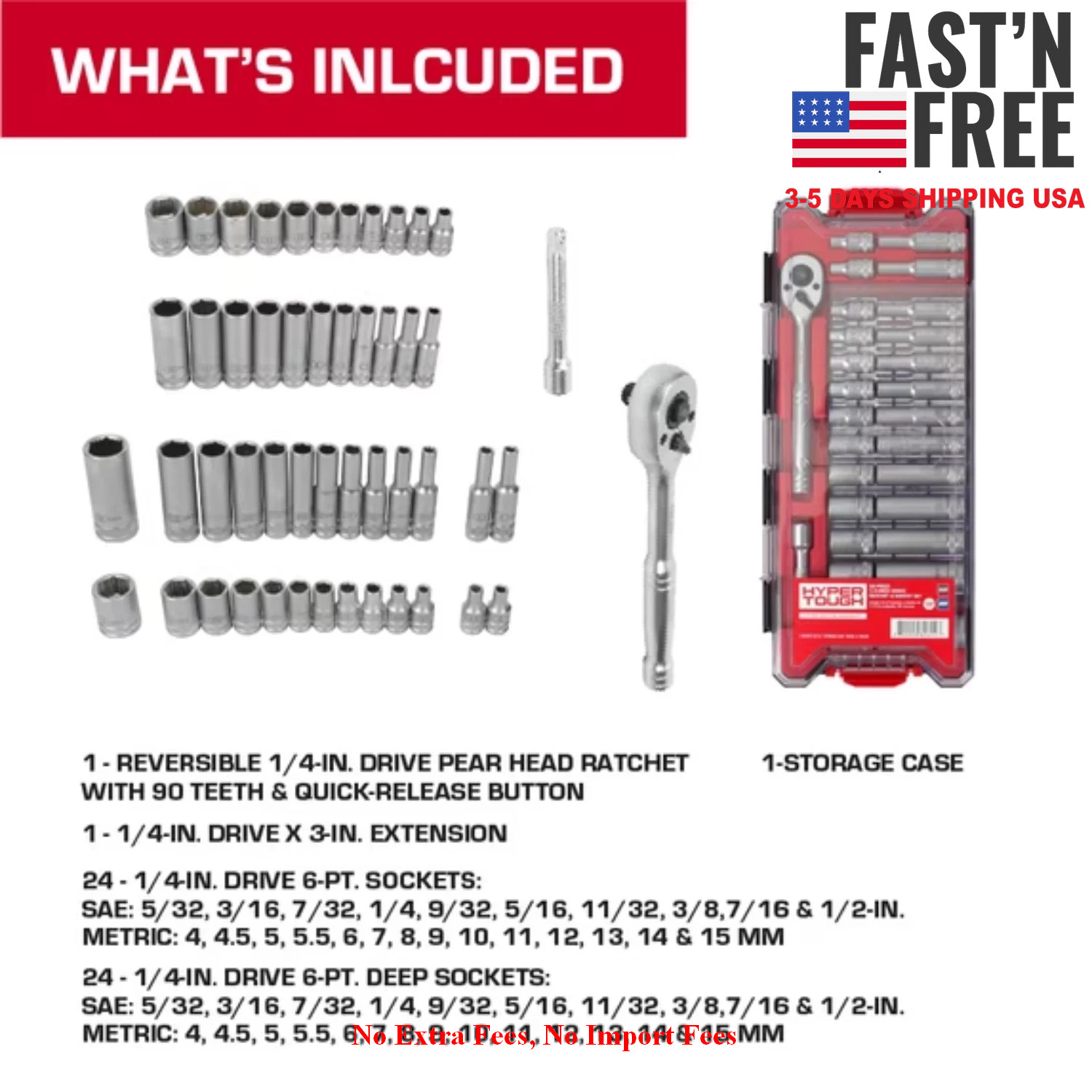 Hyper Tough 1/4-Inch Drive Ratchet and Socket Set SAE and Metric 50 Pieces
