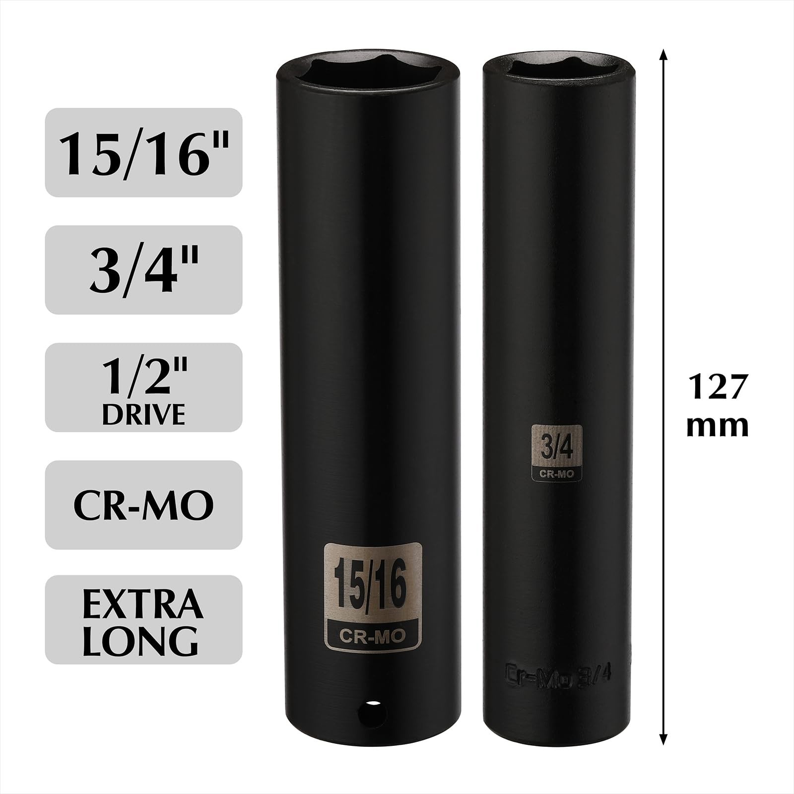 2PCS Extra Long Deep Impact Socket Set 1/2 Inch Drive – 3/4 & 15/16 Inch, CR-MO,