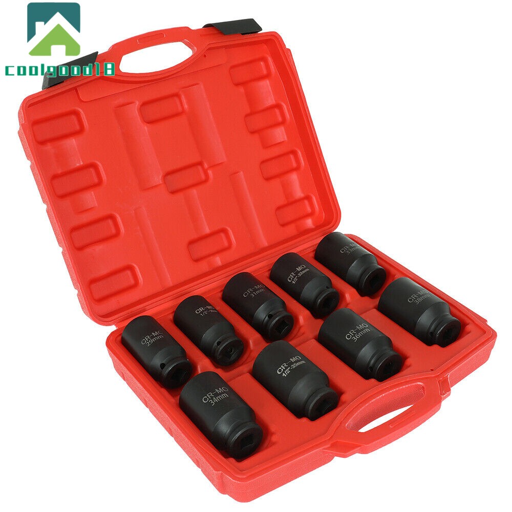 9Pcs 1/2″ Drive Metric Axle Hub Nut Socket Deep Impact Socket Tool Kit 29-38mm