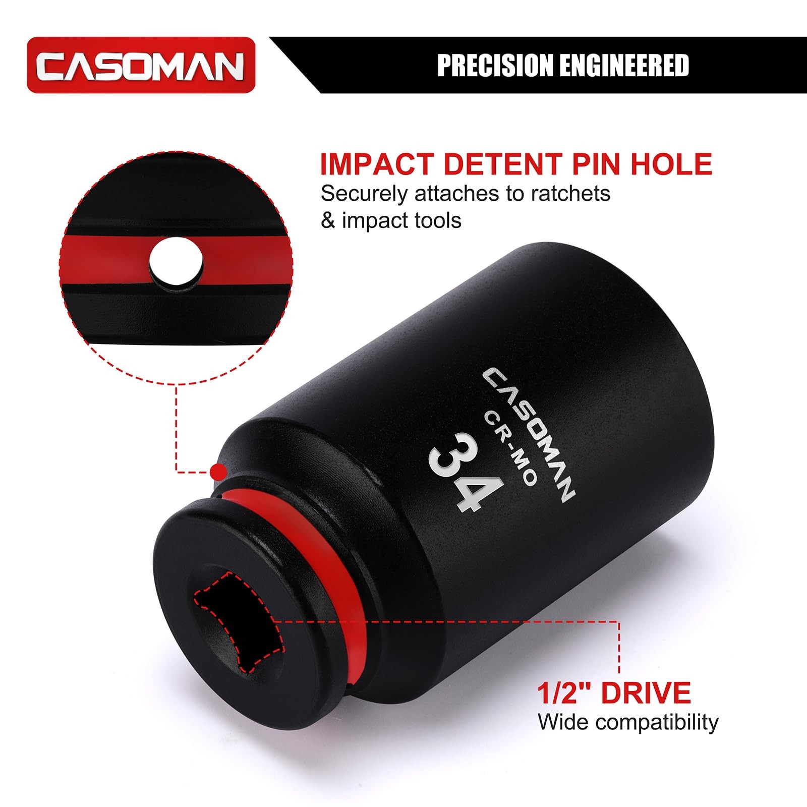 CASOMAN 1/2″ Drive x 34mm Deep Impact Socket, 6-Point, Metric, CR-MO
