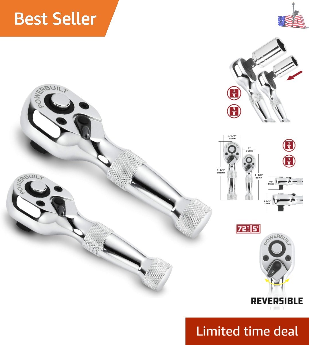 72-Tooth Reversible Stubby Ratchet Wrench Set for Precision Mechanics