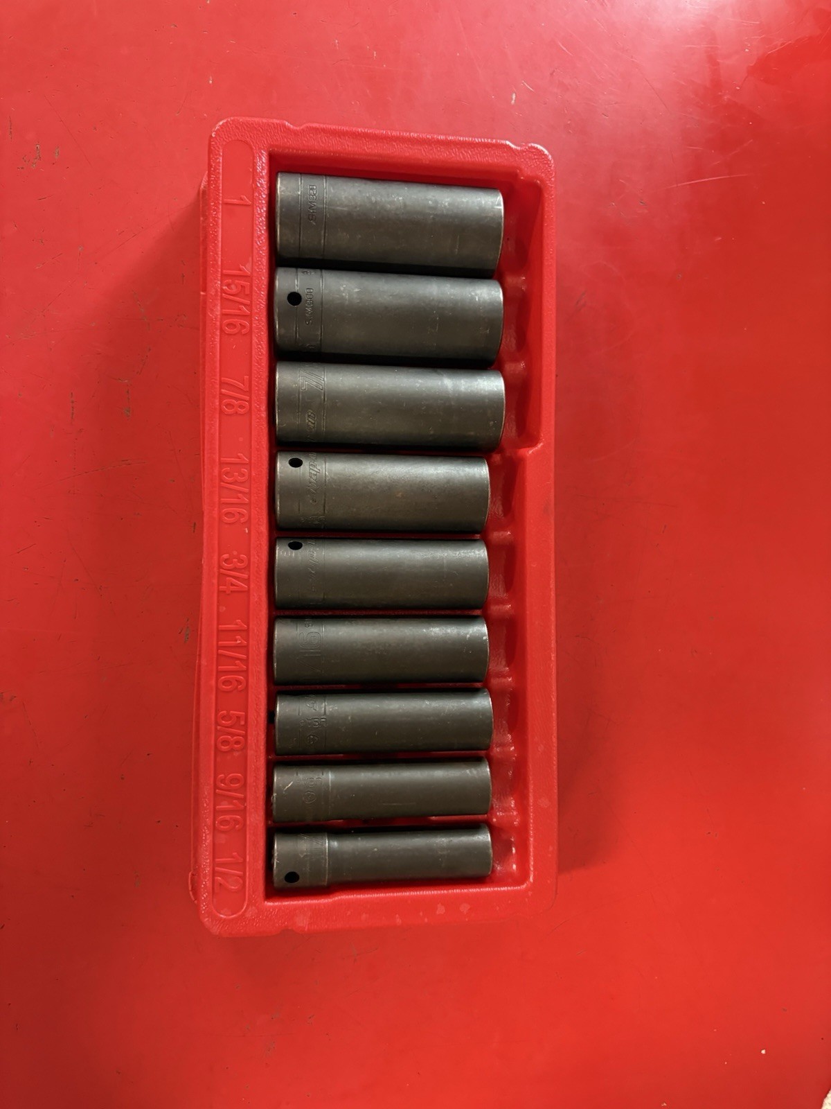 Snap-on 9 pc. 1/2″ drive 6 pt. SAE Flank Drive Deep Impact Socket Set 309SIMYA
