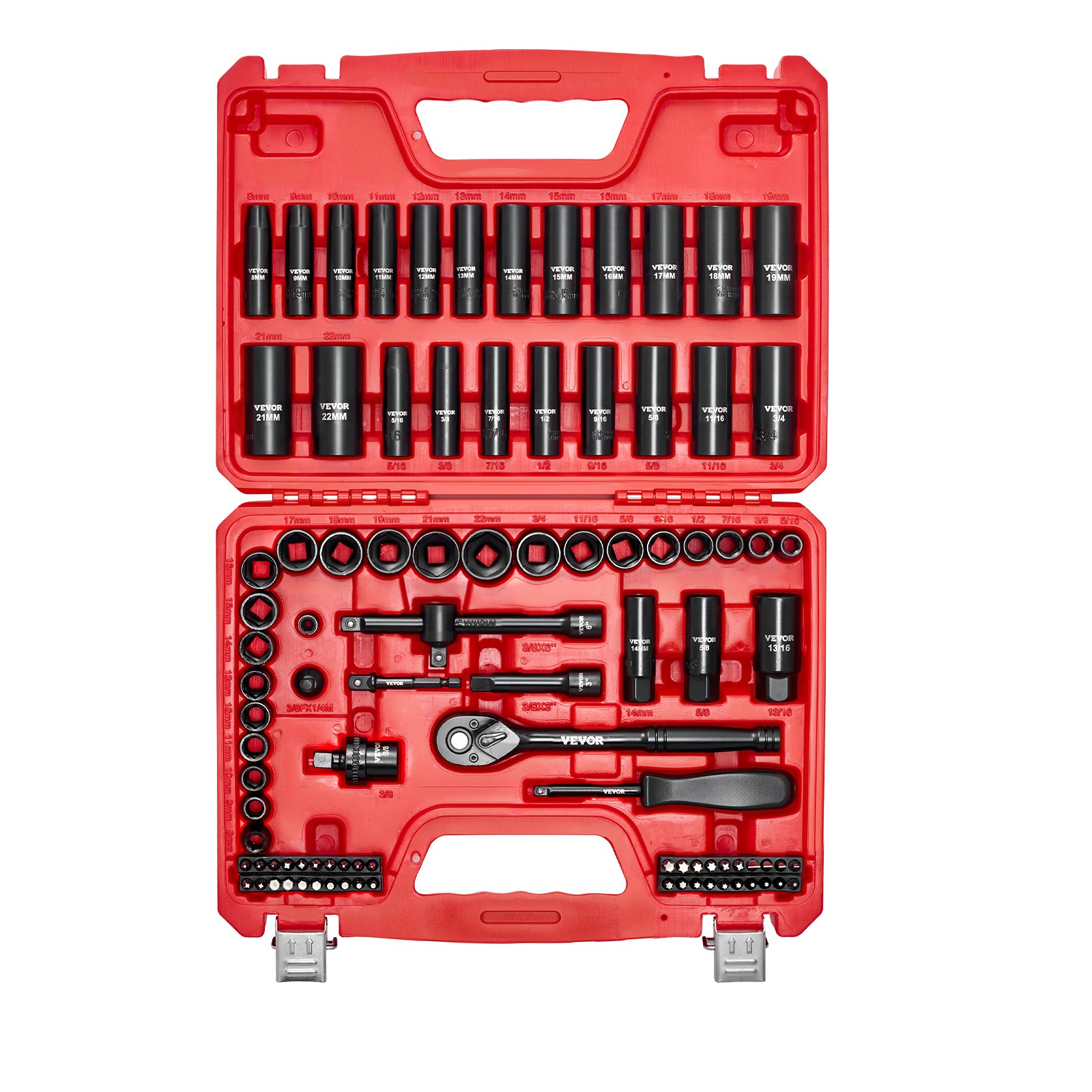 VEVOR 3/8 in Drive Impact Socket Set 96 Piece SAE 5/16 to 3/4 in Metric 8-22 mm