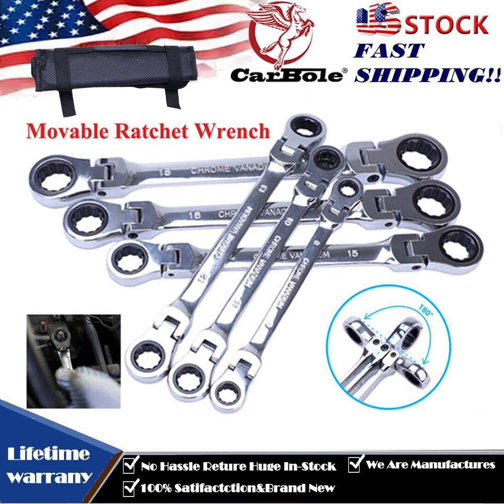 6 PC Double Box End Ratcheting Wrench Flex-Head Extra Long Spanner Set Metric US