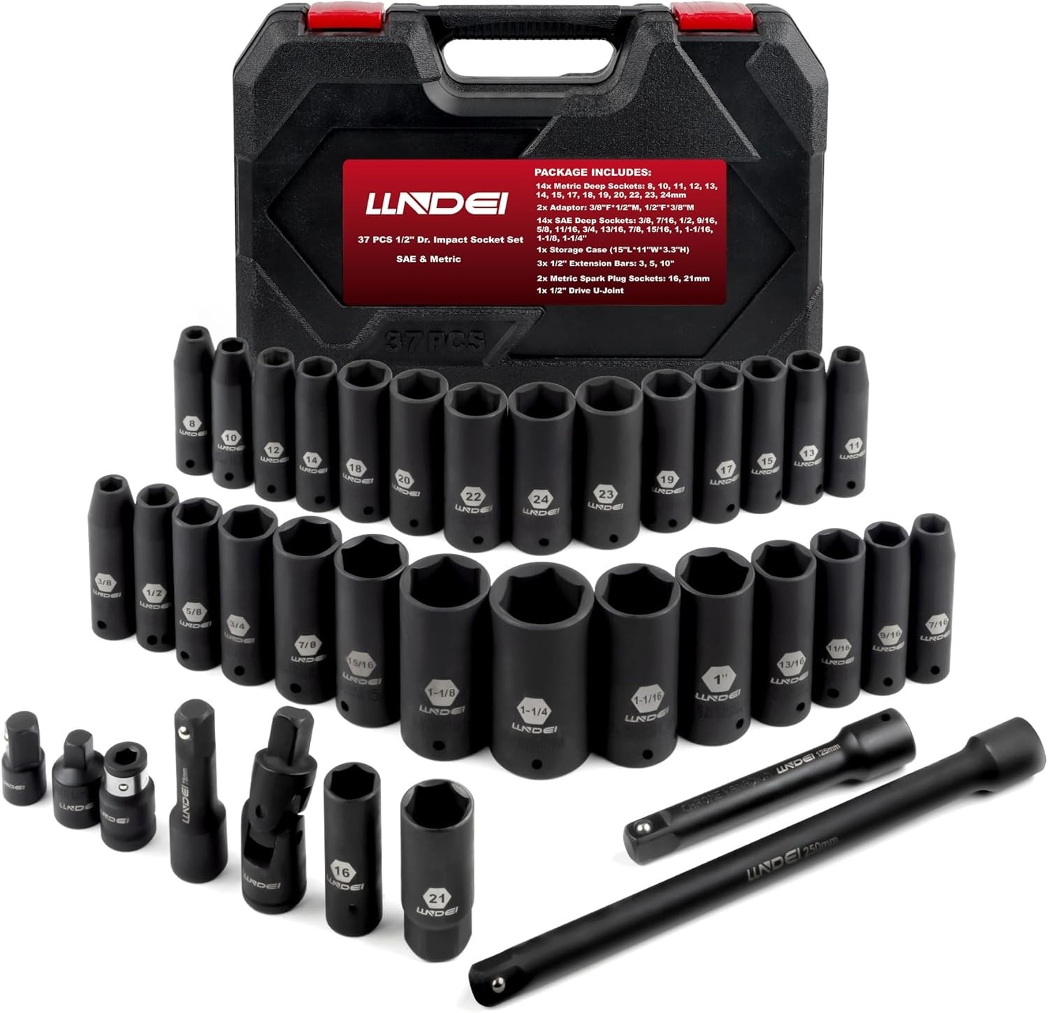 Versatile 1/2 Inch Deep Impact Socket Set, 37-Piece with 6-Point Design