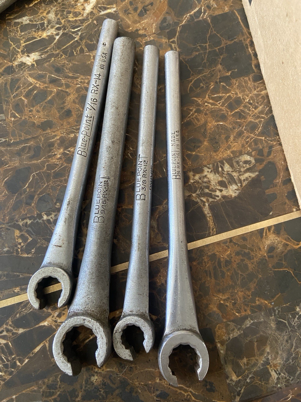4 PRE-OWNED RX FLARE NUT WRENCHES 7/16, 9/16, 3/8, 1/2 Blue point