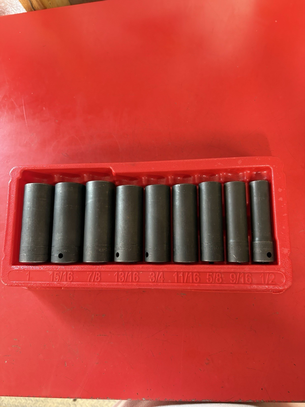 Snap-on 9 pc. 1/2″ drive 6 pt. SAE Flank Drive Deep Impact Socket Set 309SIMYA