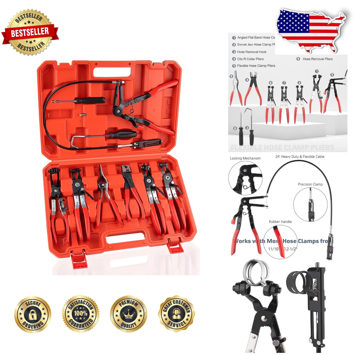 Professional 9PC Hose Clamp Pliers Long Auto Repair Tool Kit