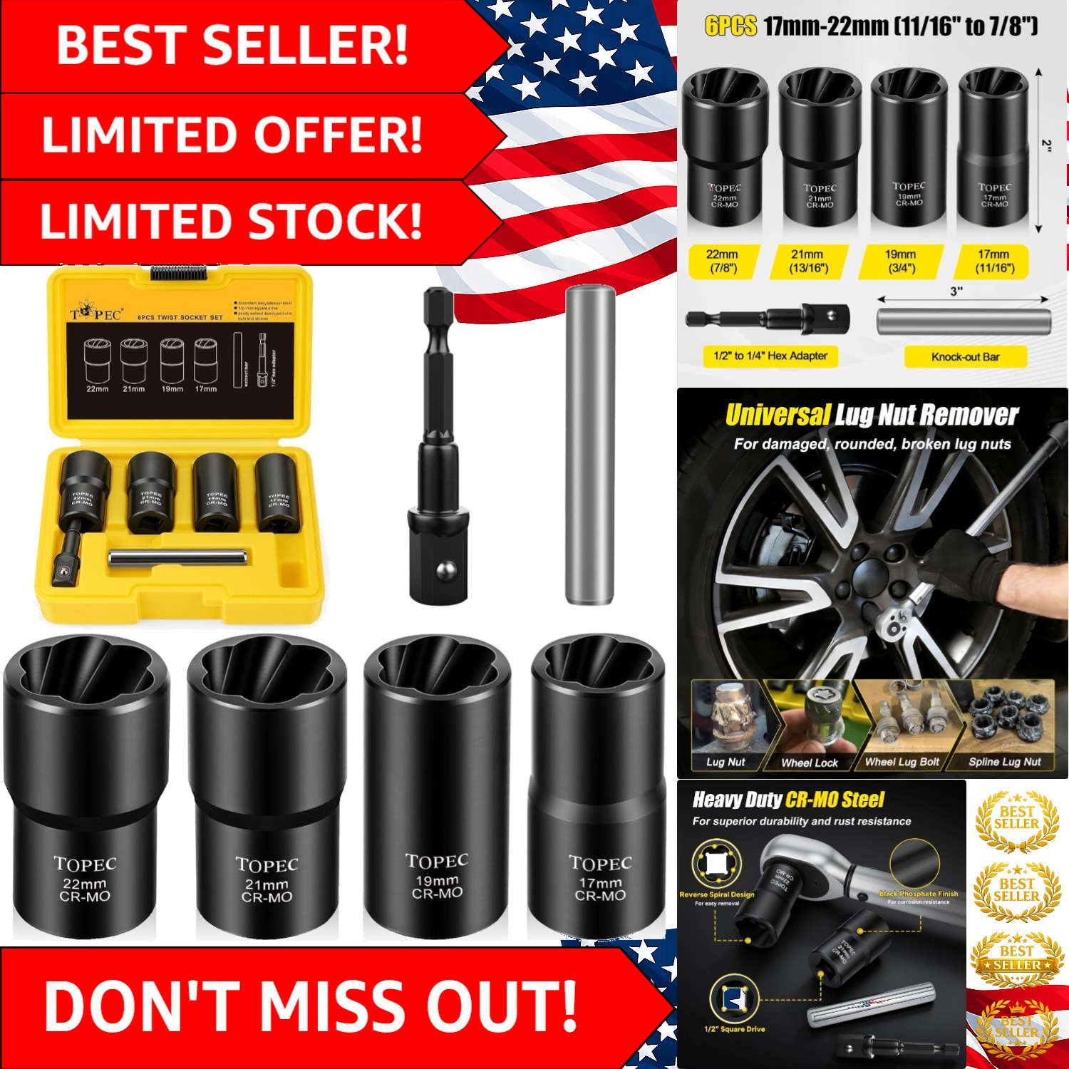 Versatile 6PCS Lug Nut Extractor Tool Set – For Easy Removal of Stubborn Nuts