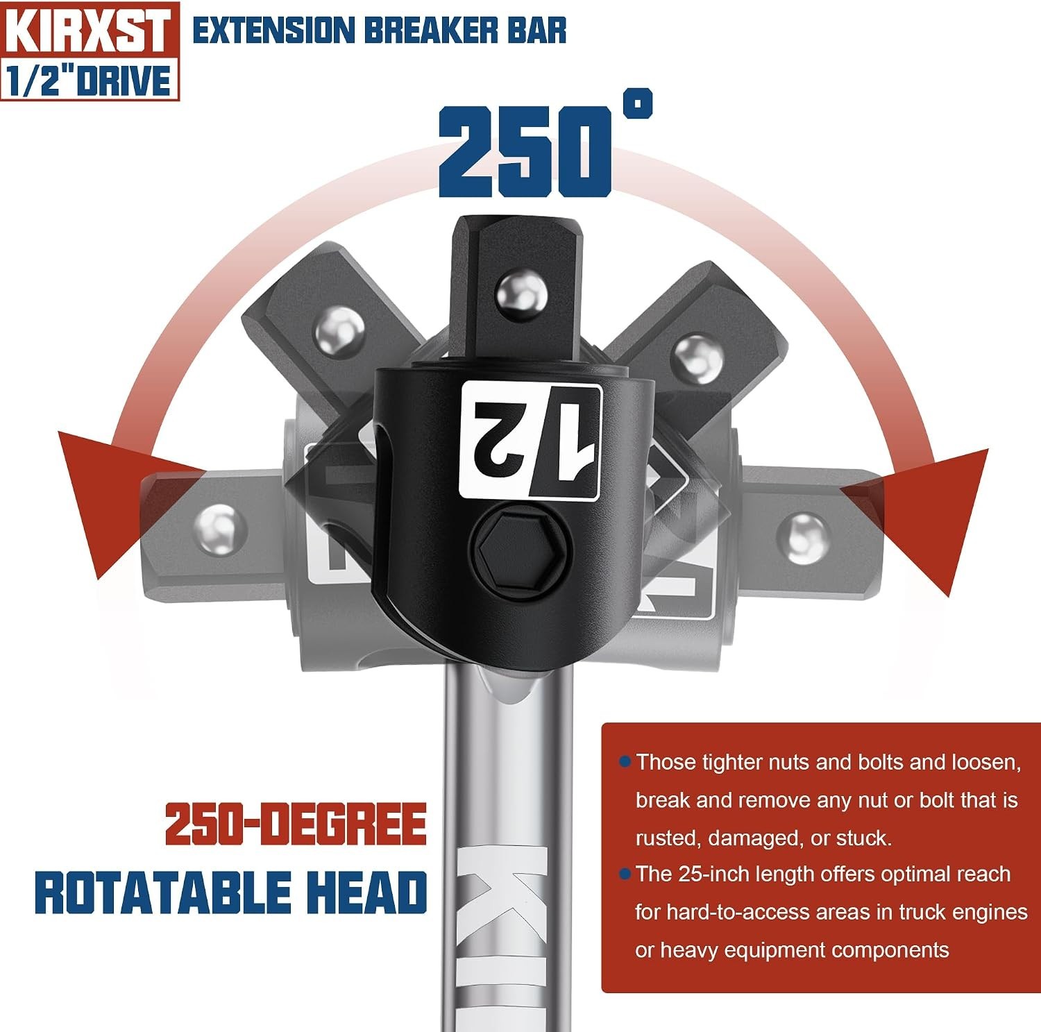 25-Inch Heavy Duty Breaker Bar with 250° Rotatable Head for Mechanical Mastery