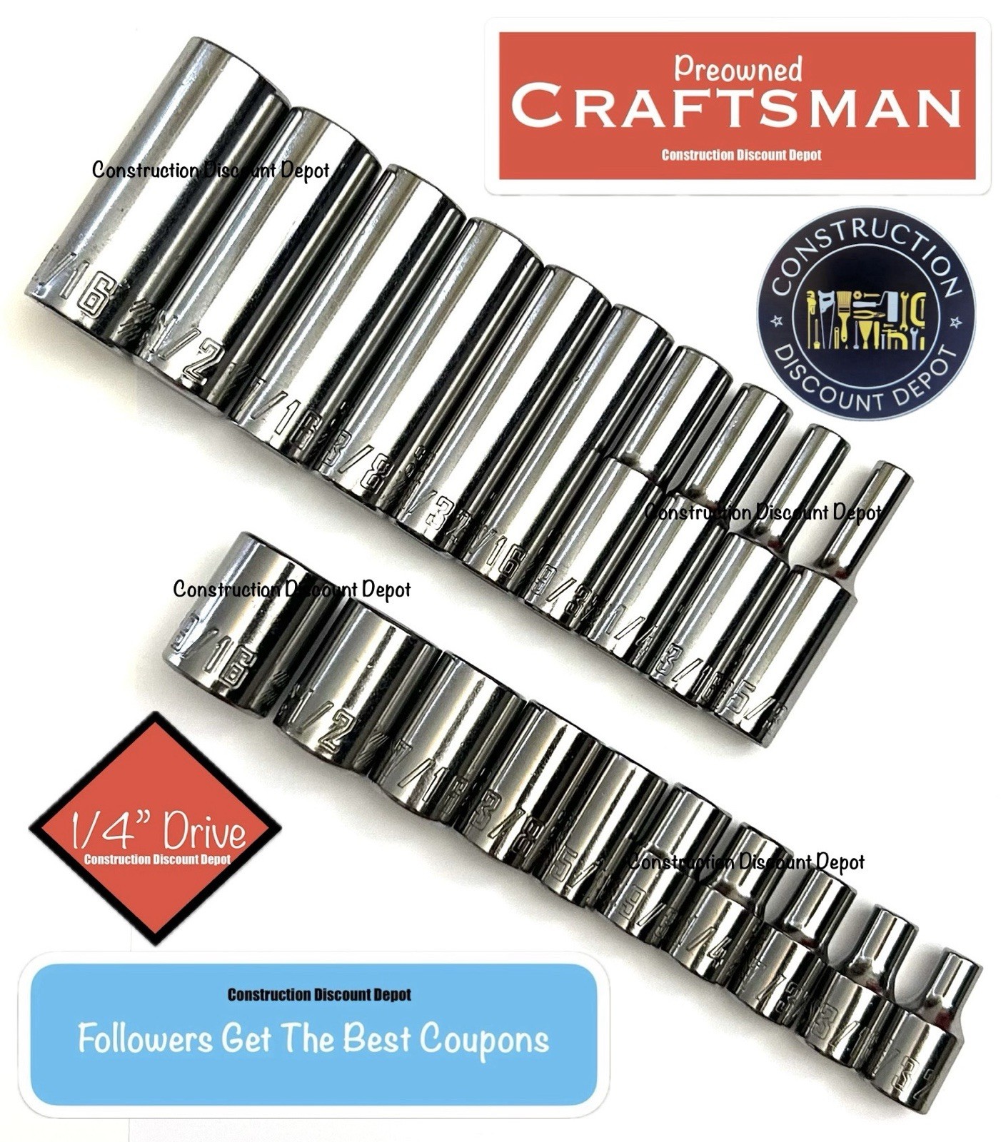 Preowned Craftsman 20 Piece 1/4″ Drive 6 Point SAE Deep And Shallow Socket Set