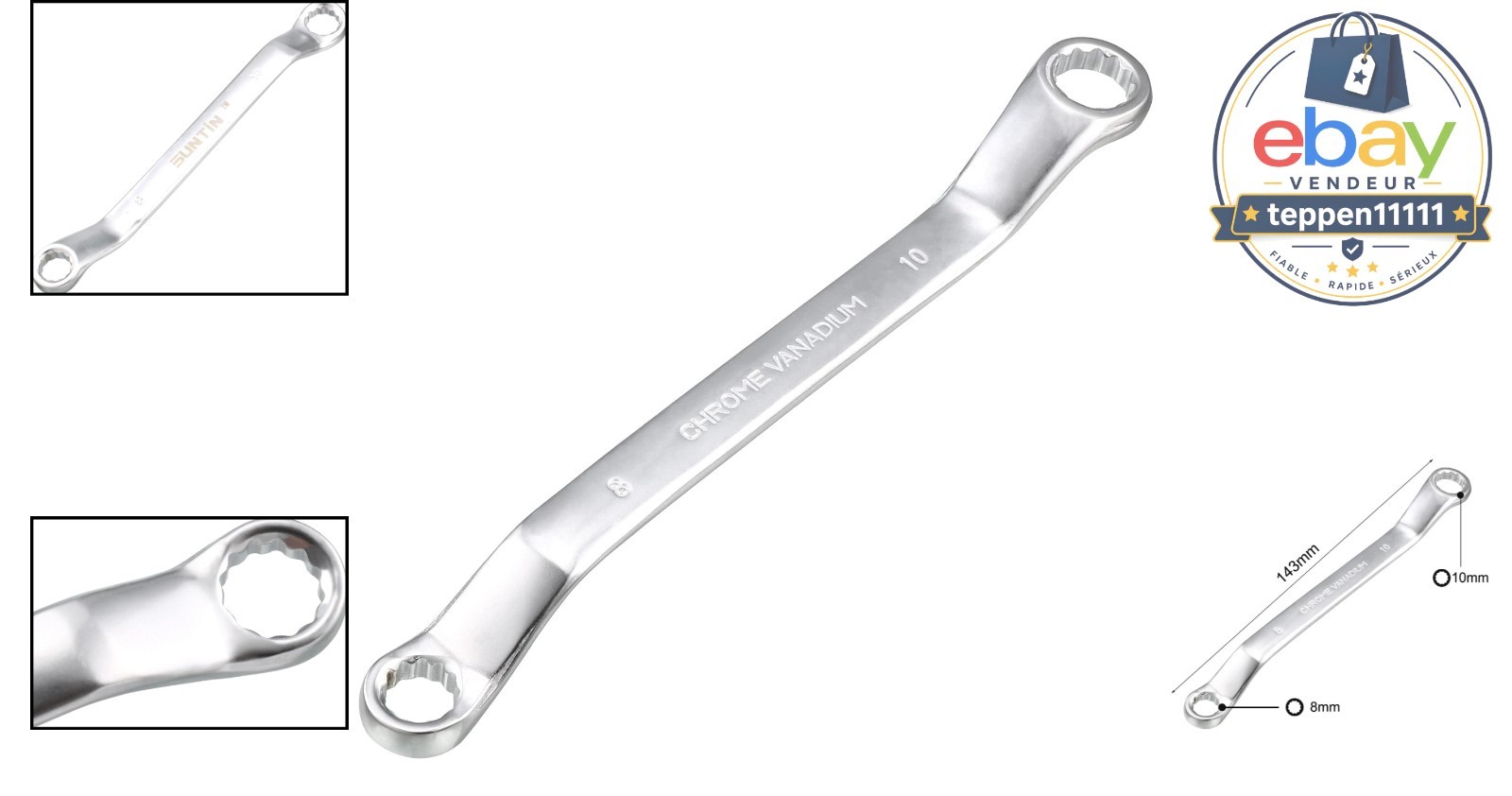 8mm 10mm Offset Double Box End Wrench Cr-V Steel Chrome Plated