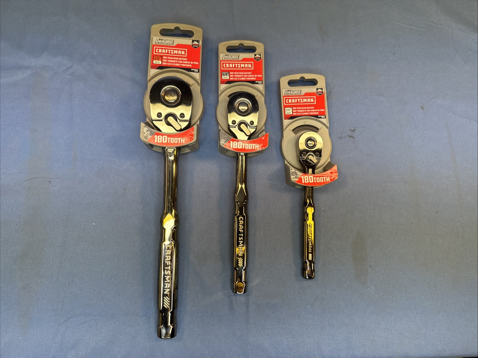 New Craftsman 3pc 180 Tooth Overdrive Ratchet Set 1/2″ 3/8″ 1/4″ Drive Gun Metal