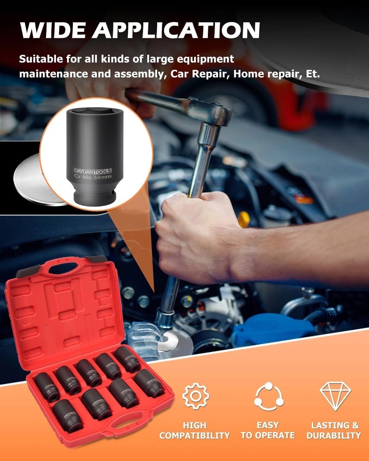 Durable 9-Piece Hex Drive Axle Nut Socket Set, 29-38mm Sizes for Most Vehicles