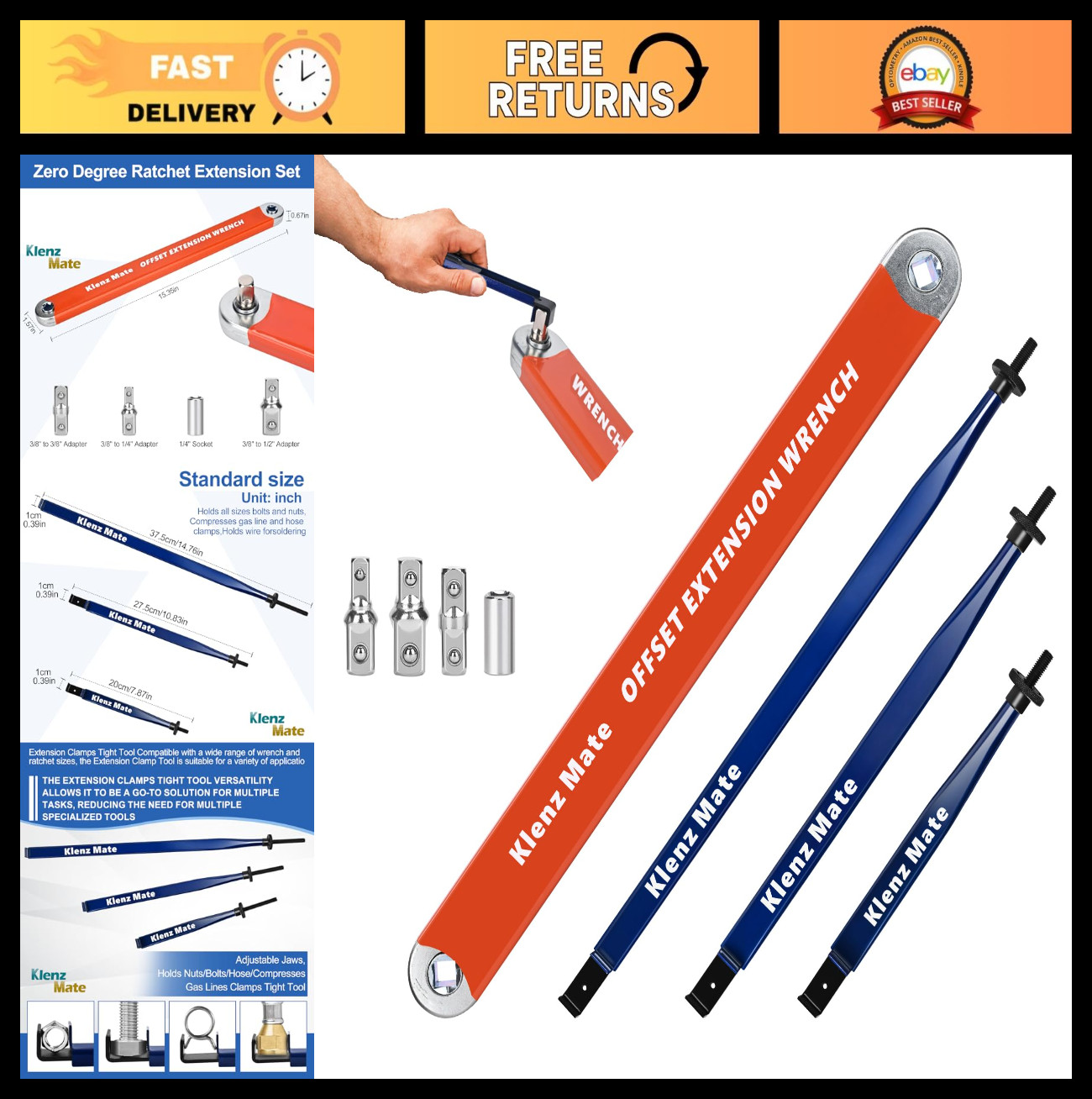 Offset Extension Wrench Set with 3 Lengths, Vise Grip, 1/2″, 1/4″, 3/8″ Adapters
