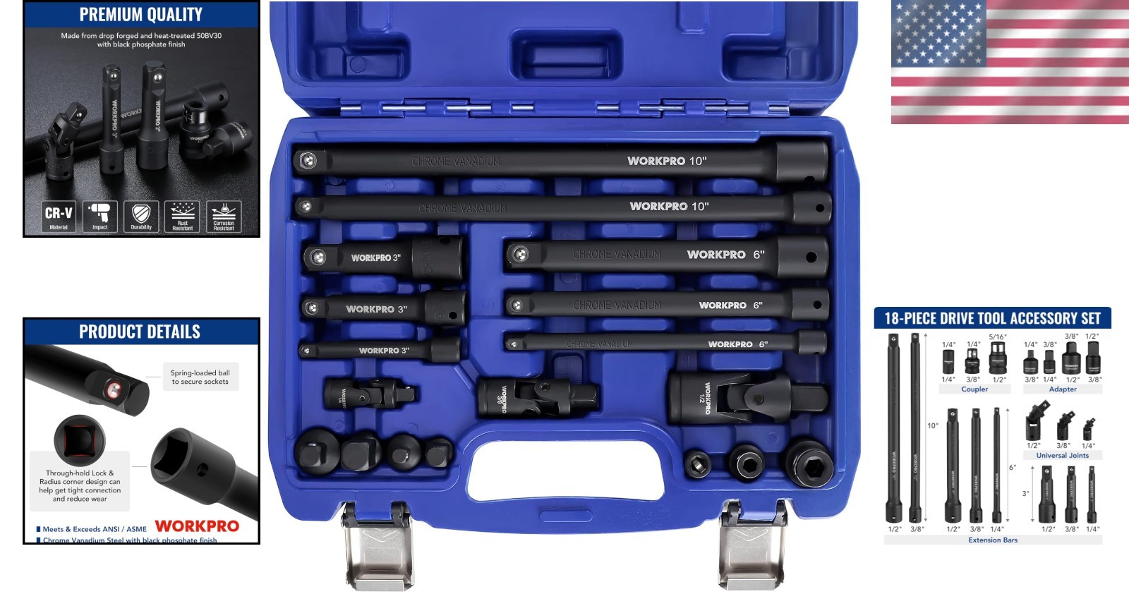 Versatile Socket Extension Set – 18 Pieces in Chrome-Vanadium with Storage Case
