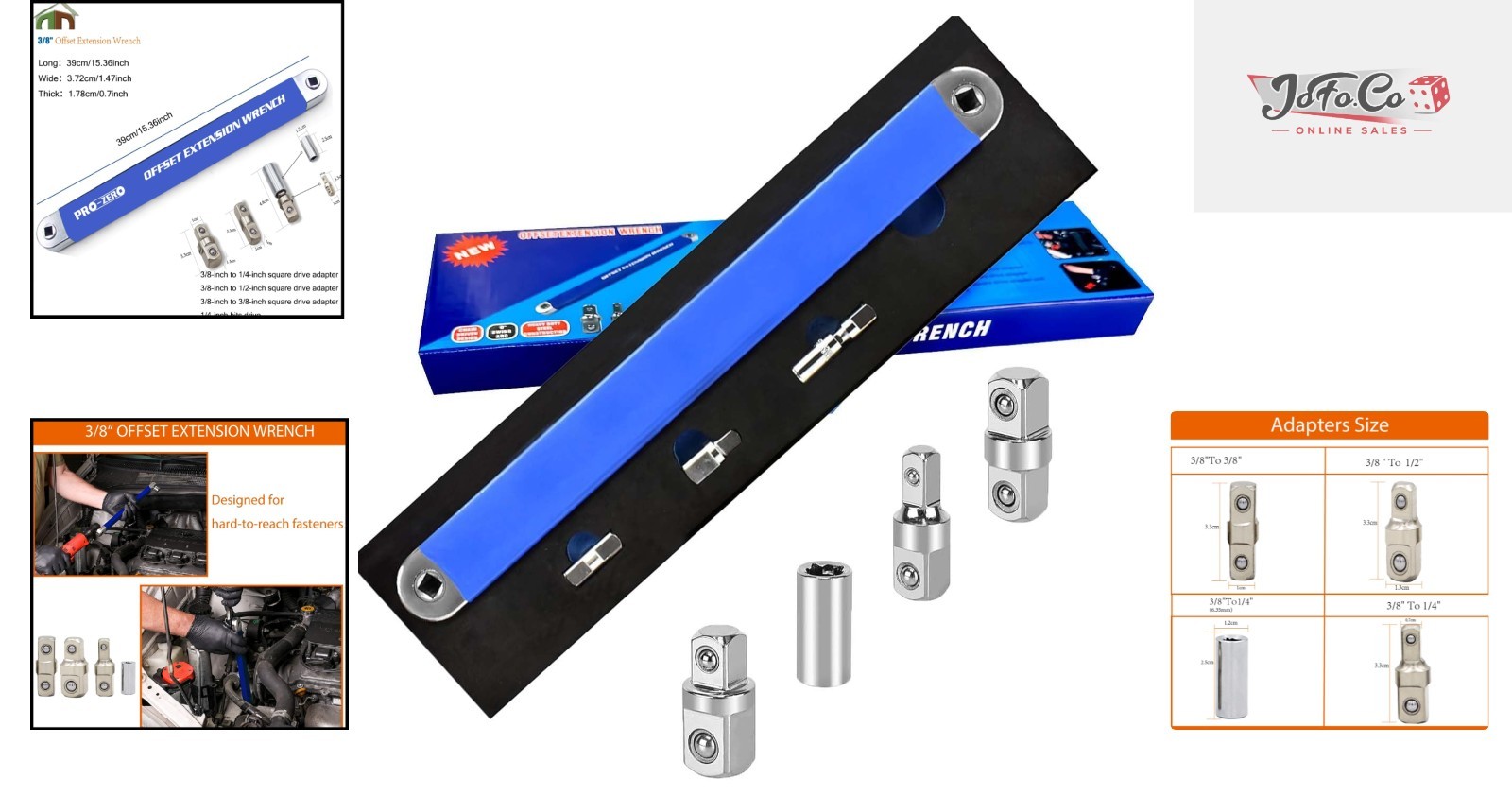 Versatile 15.4″ Offset Extension Wrench with 1/4″ & 3/8″ Drive Adapters – Blue