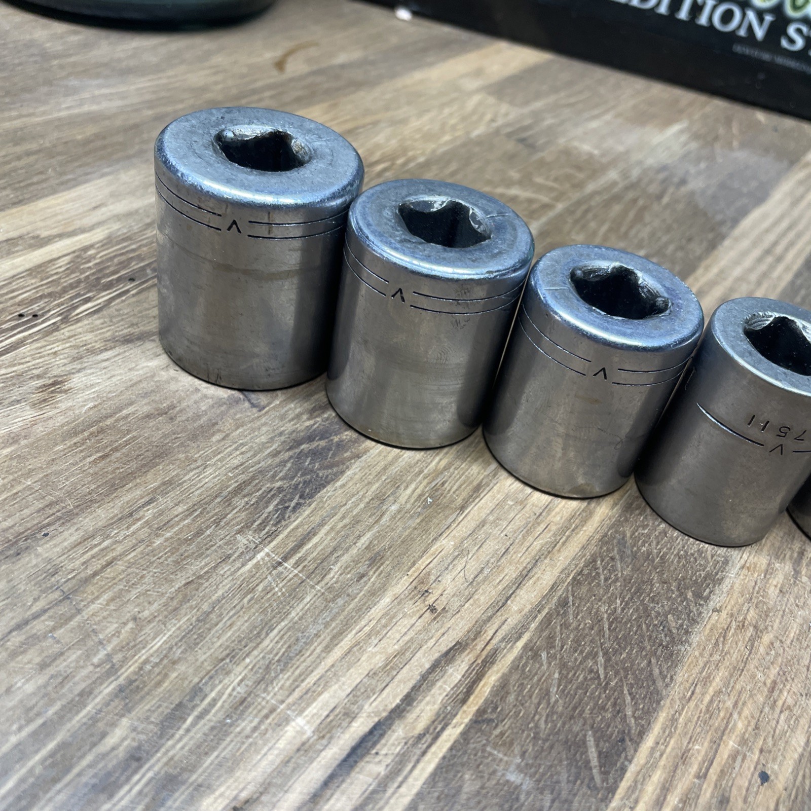 5- Craftsman 1/2″ drive sockets (1″, 1 1/8″ 15/16, 13/16, 7/8)- V – Made in USA
