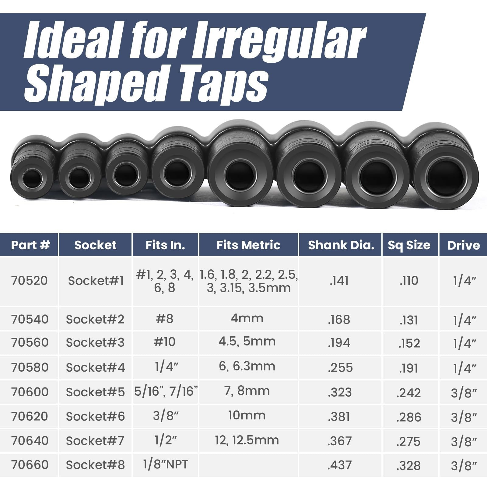 8pcs Tap Socket Set, 1/4″ & 3/8″ Drive Adapters, Fits 1/8″ NPT & Metric Taps