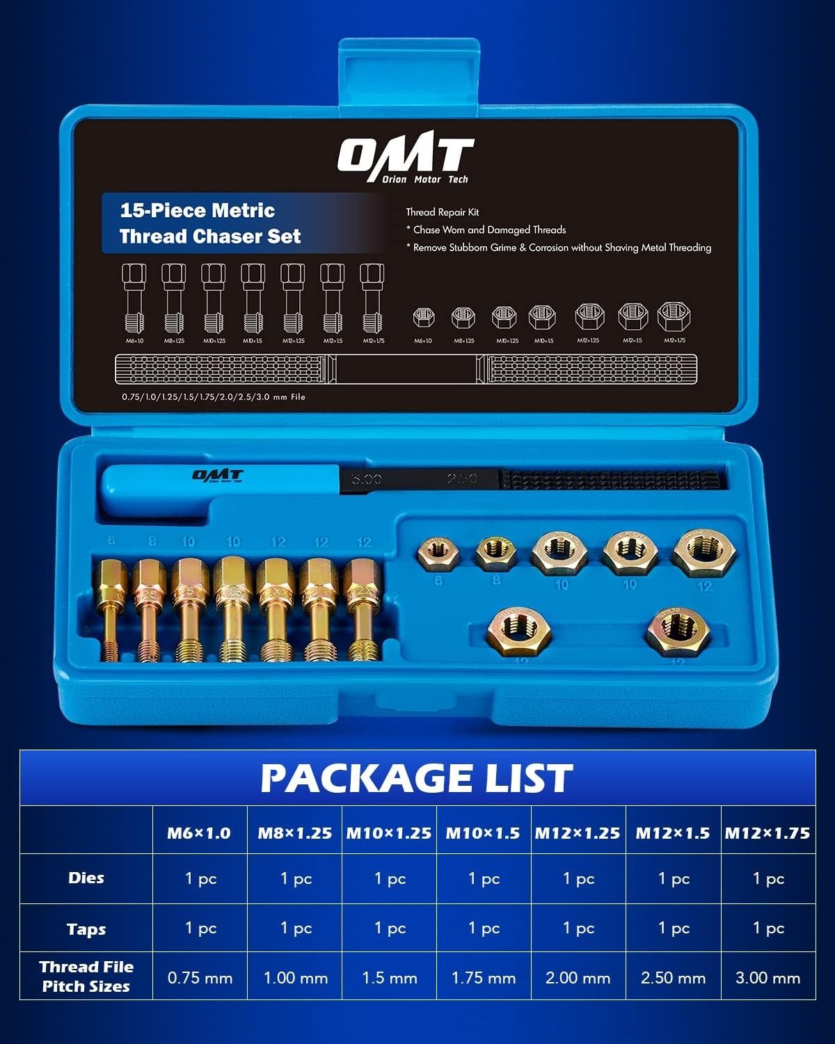 Orion Motor Tech 15pc Metric Rethreading Kit Tap Die Set M6 M8 M10 M12