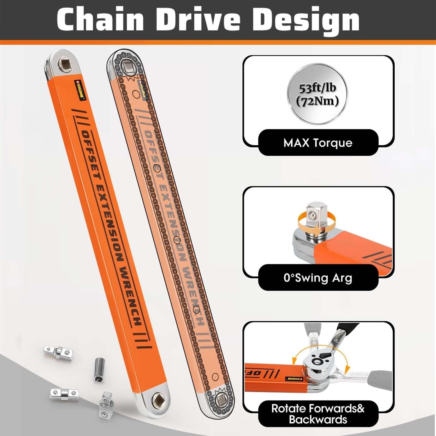 Xkone Offset Extension Wrench – Zero-Degree Swing for Tight Spaces, 15.4in