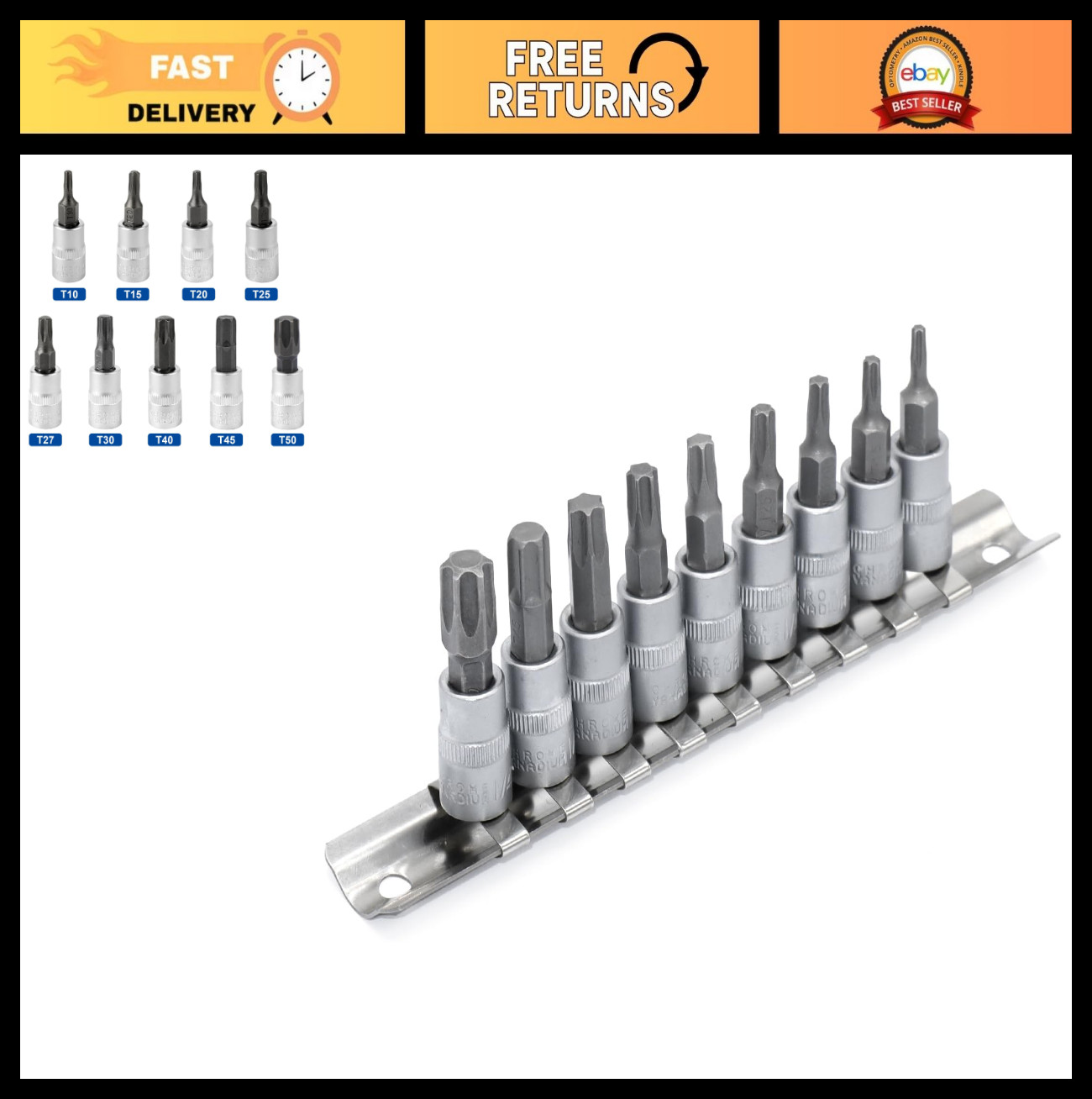 9-Piece Torx Bit Socket Set, 1/4″ Drive, T10-T50, S2 Alloy Steel & CR-V Quality