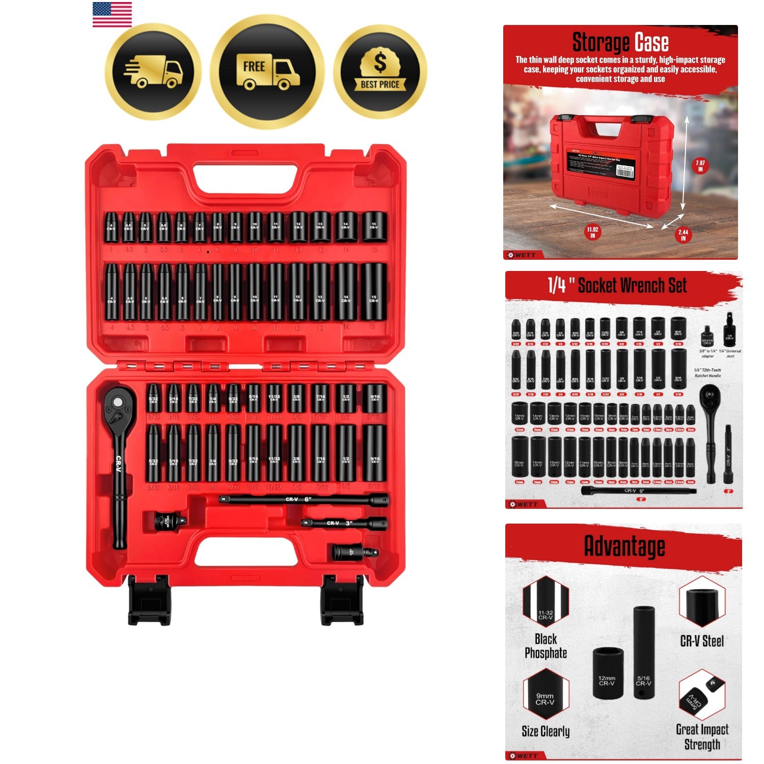 55-Piece 1/4″ Drive Impact Socket Set, SAE/Metric, Deep/Shallow, Cr-V Steel, …