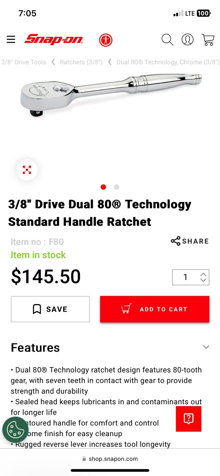 NEW Snap-On F80 3/8″ Drive Ratchet 80 Tooth Fine Chrome 7 1/4”—Made in USA