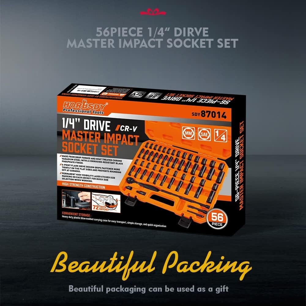 56Pcs 1/4″ Drive Impact Deep Socket Set Extension Bar Universal Joint SAE Metric