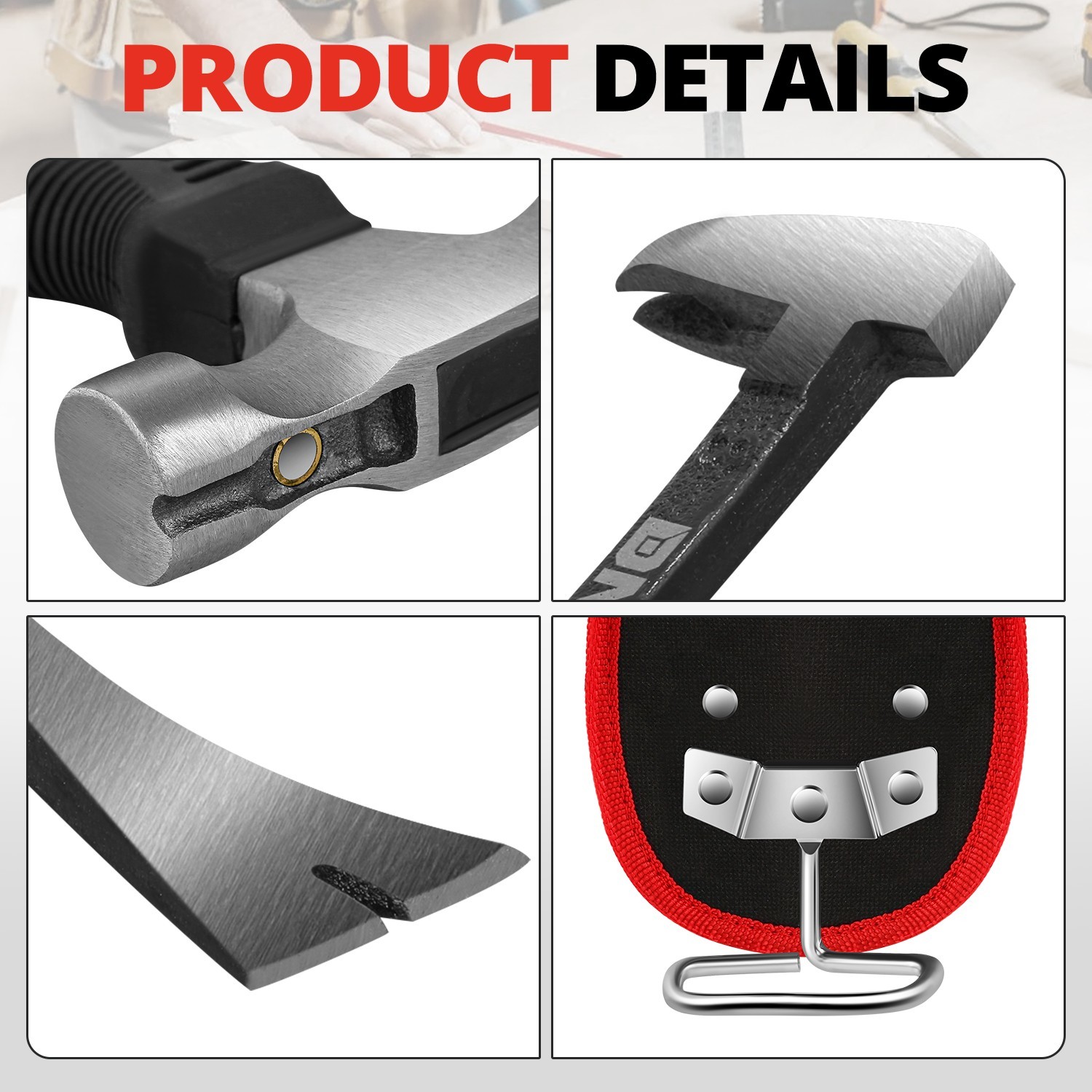 6-1/2″ Sturdy Fiberglass Handle Hammer 8″ Multi Purpose Pry Bar+Hammer Holster