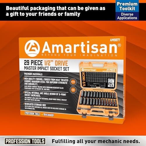 29-Piece 1/2″ Drive Impact Socket Set – 6 Point Cr-V Steel Sockets & Ratchet Han