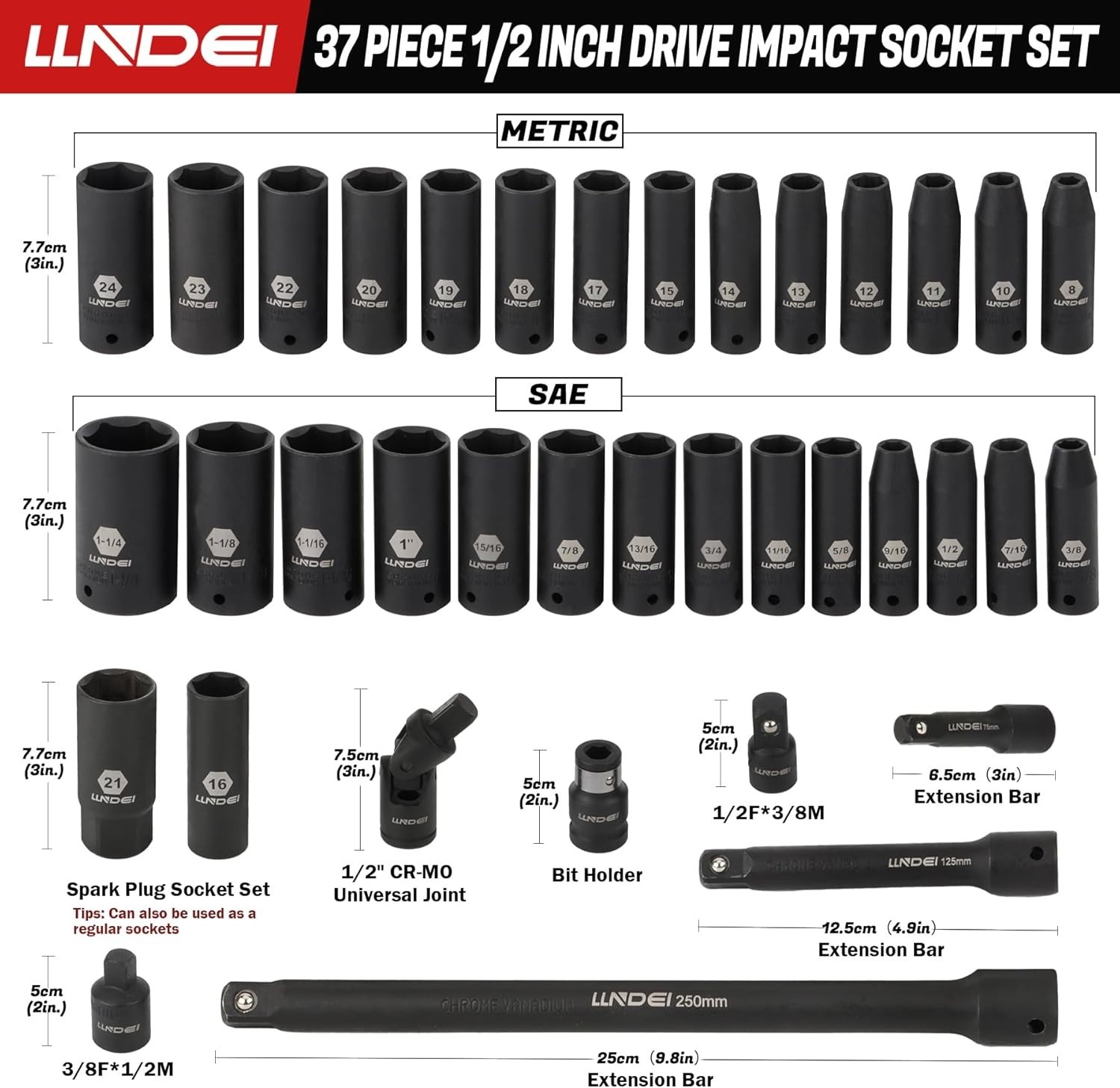 Versatile 1/2 Inch Deep Impact Socket Set, 37-Piece with 6-Point Design