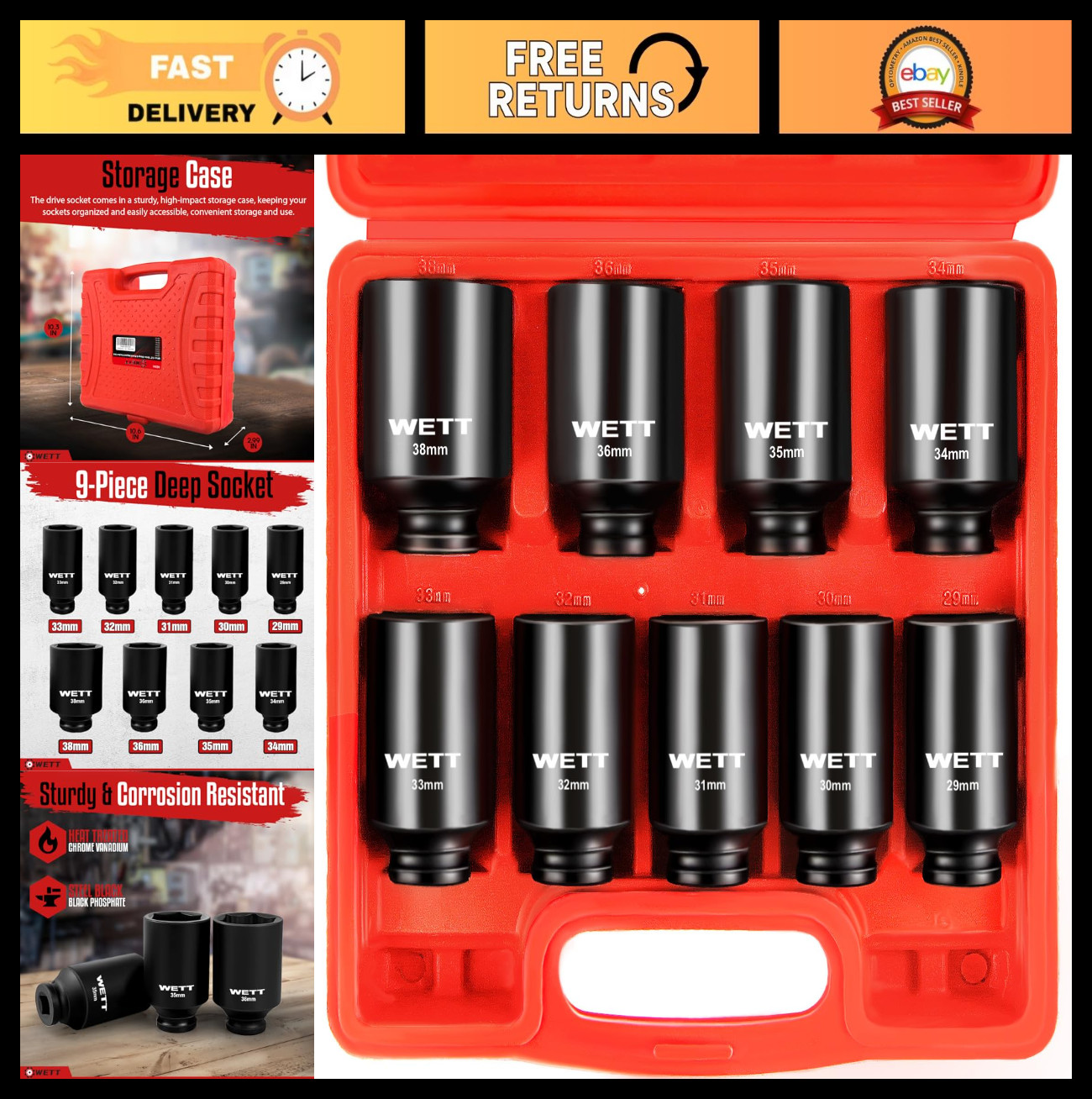 9-Piece 1/2″ Drive Deep Impact Socket Set, Metric 6 Point, 29mm-38mm, CR-V