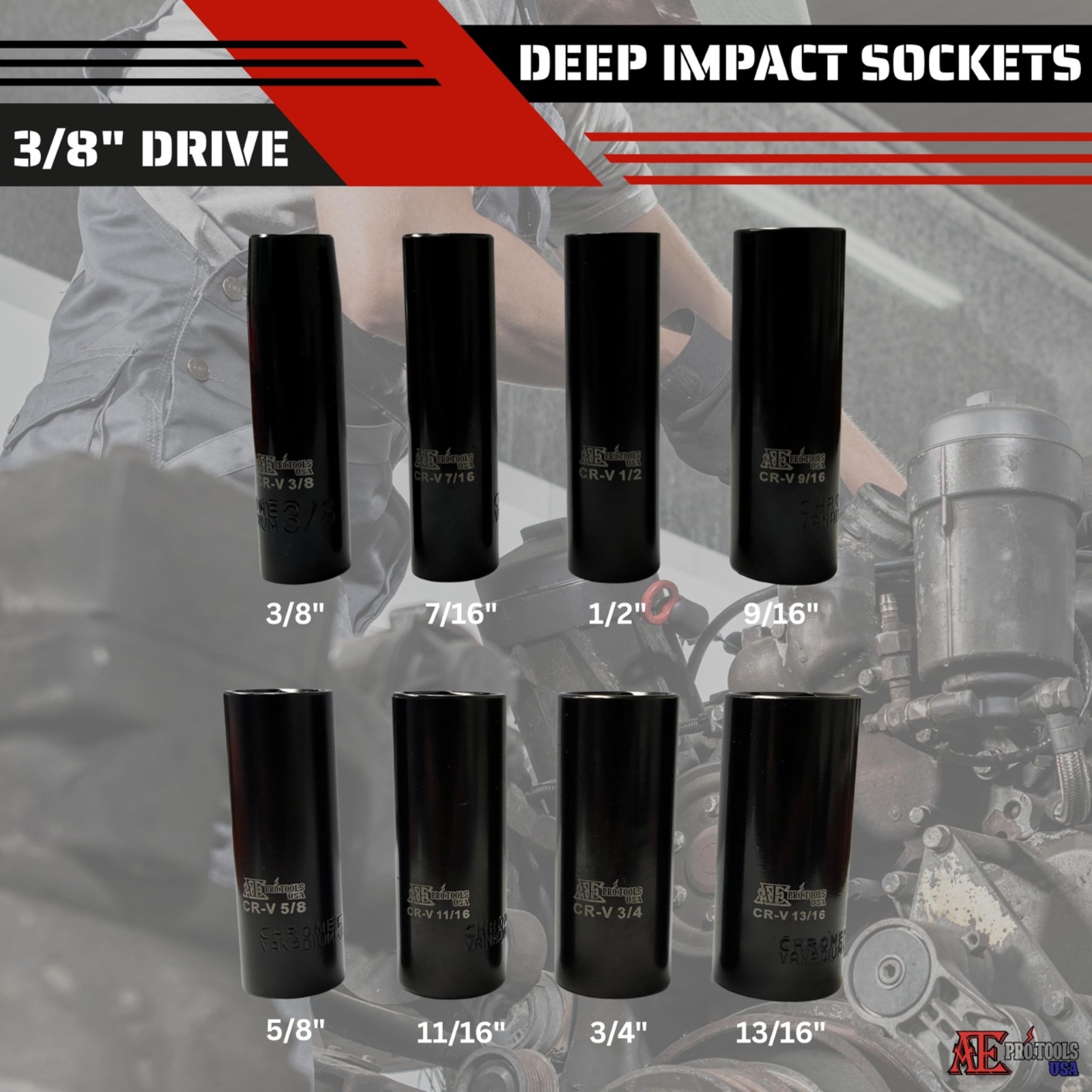 {8pc} Deep Impact Socket SAE Set, 3/8″ Drive, 6 Point Sockets, 3/18″ – 13/16″