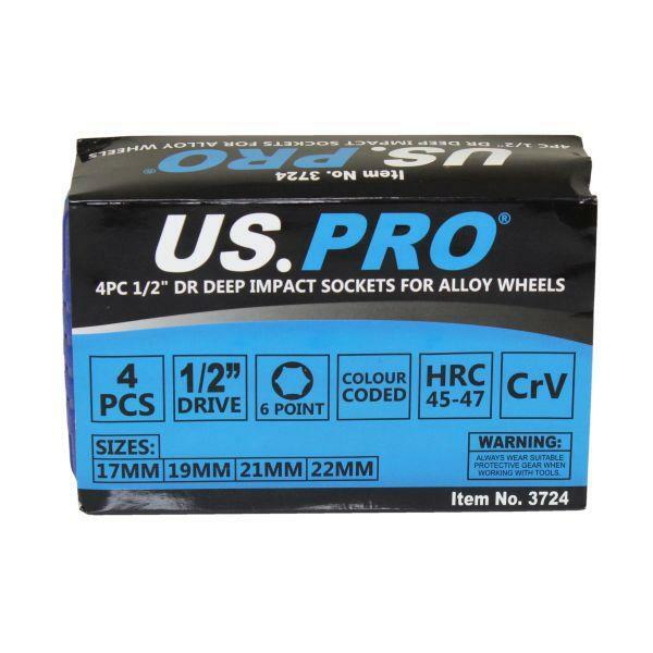 US PRO Tools 4pc 1/2″ Dr Deep Impact Sockets For Alloy Wheels 17, 19, 21, 22mm
