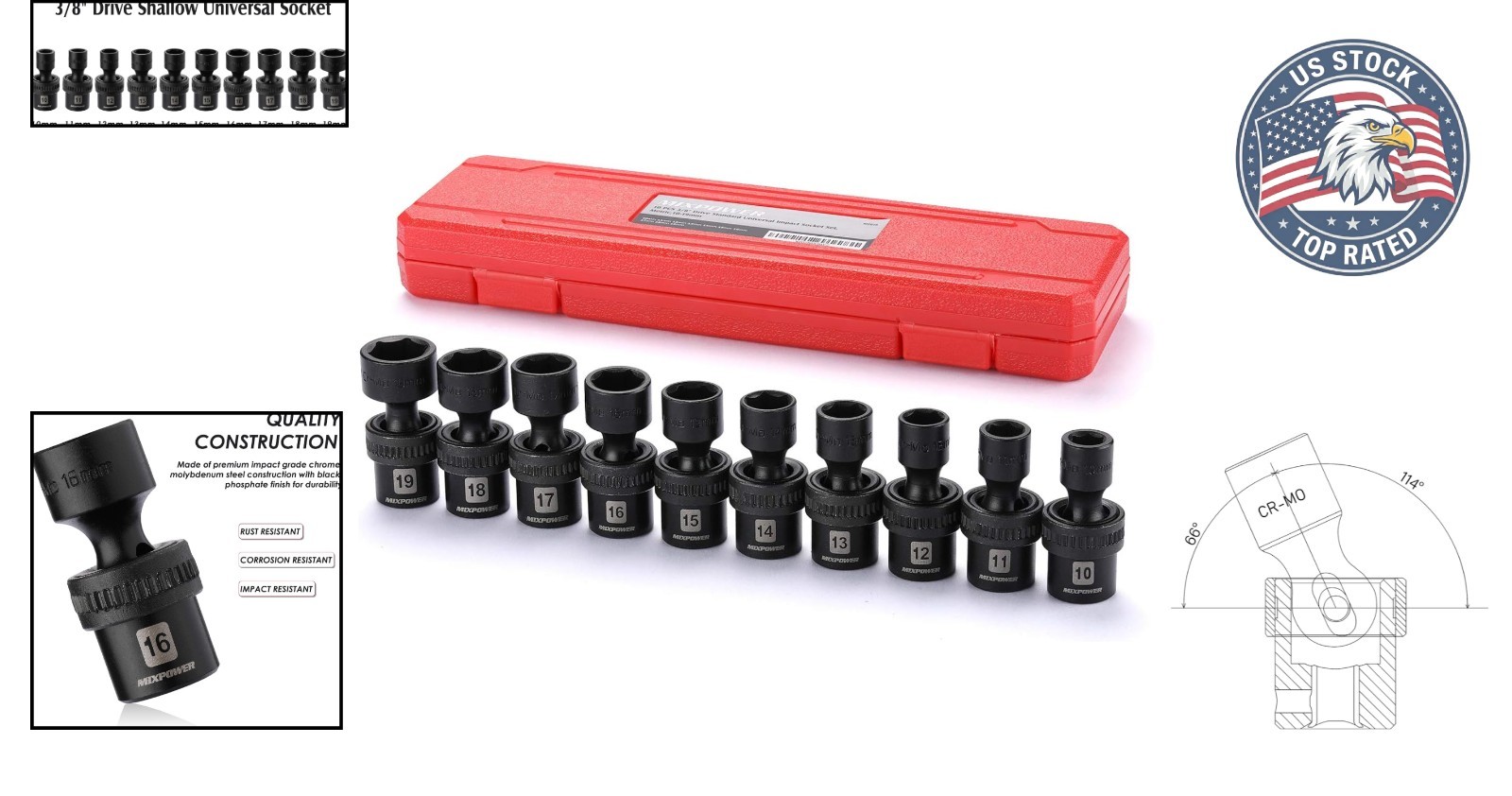 Universal 3/8″ Drive Shallow Impact Socket Set – 10 Pieces with Wobble Design