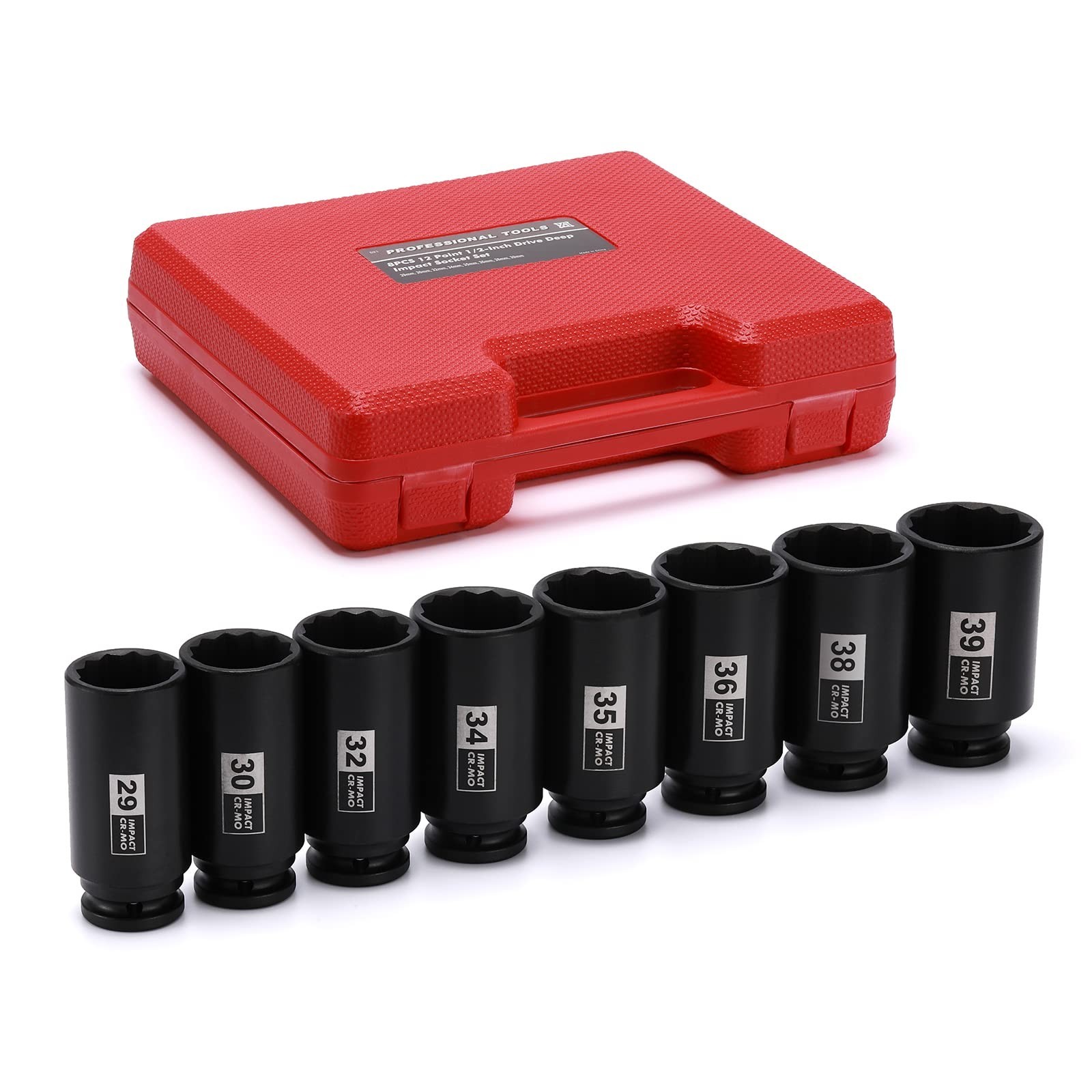 8PCS 1/2″ Drive Deep Metric Impact Socket Set, 12 Point Axle Nut, CR-MO, 29-39mm