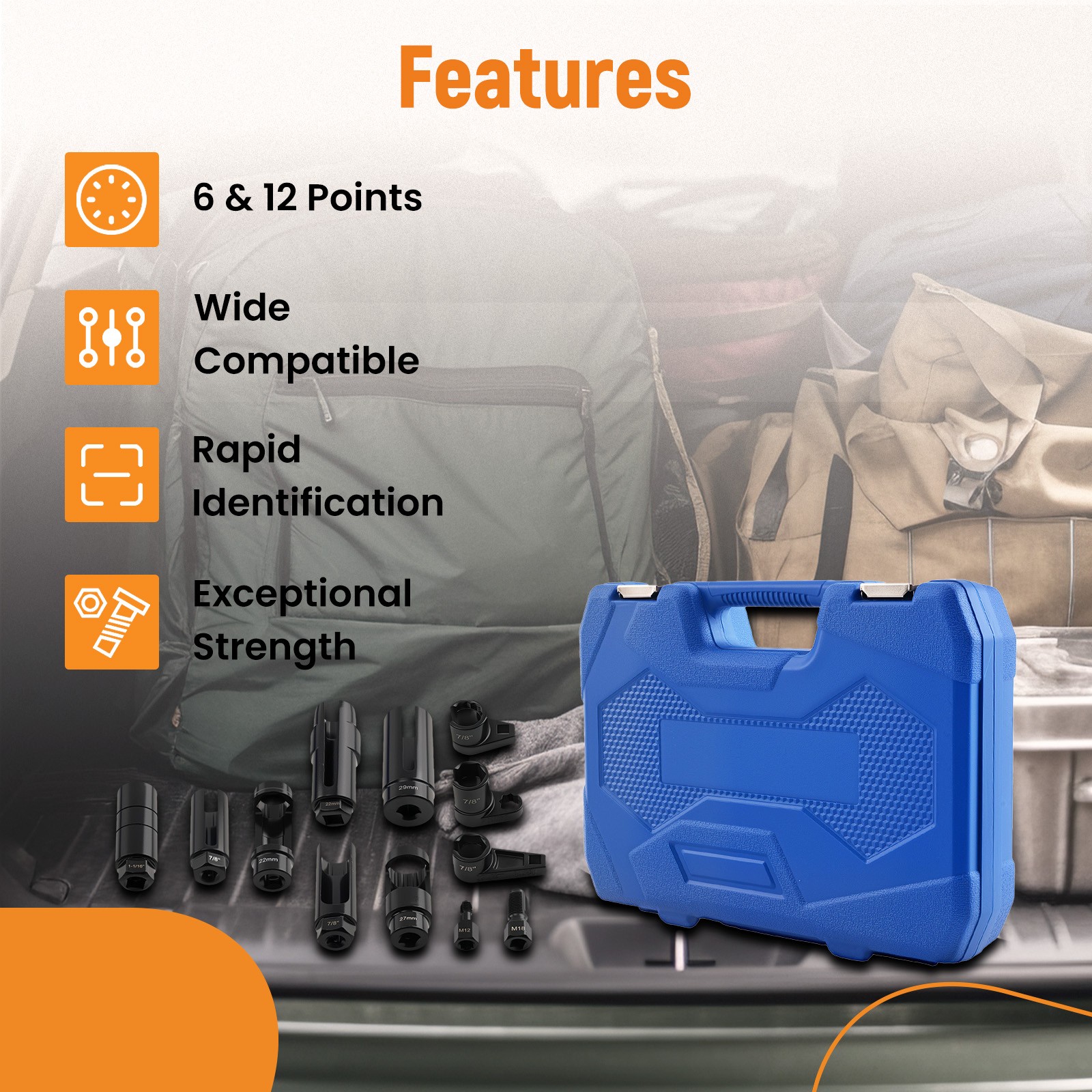 12pc Oxygen Sensor Tool Kit 1/2″ 3/8″ Drive 22-29mm Socket Spark Plug Chaser