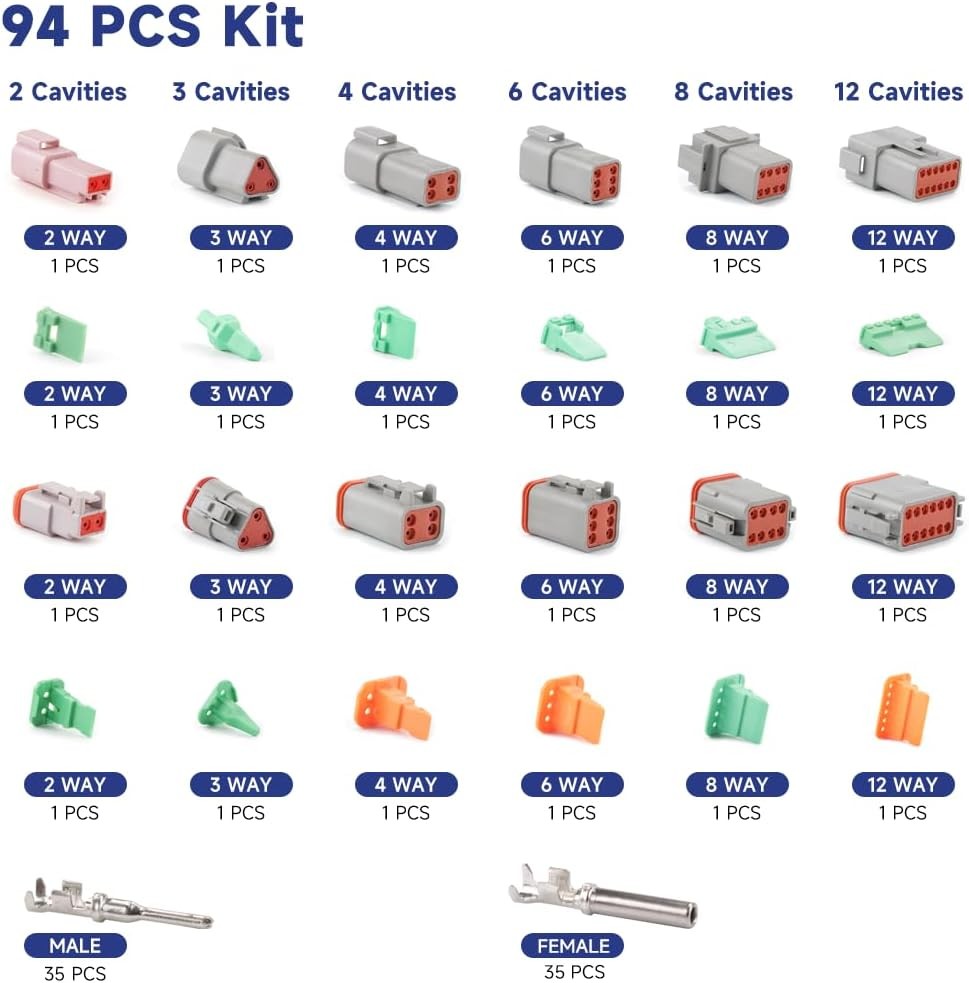 94Pcs 6 Sets Deutsch DT Connector Kit，2/3/4/6/8/12 Pin Connectors with…