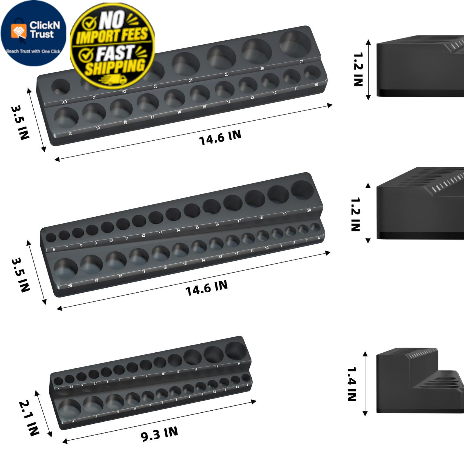 Magnetic Socket Organizer Holder Set – 3-Piece Tool Organizers Black