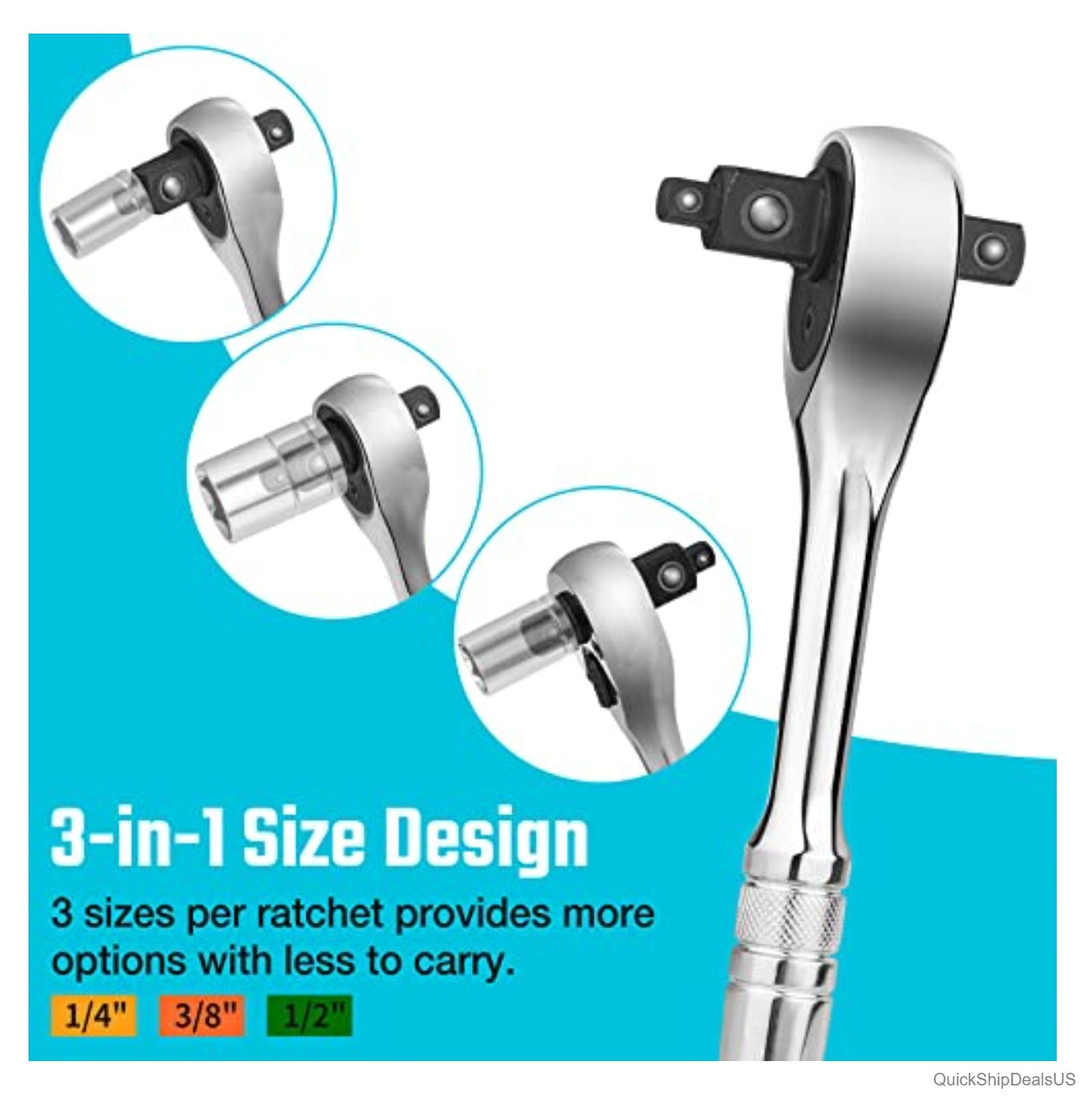 Ratchet Handle 3 in 1 1/4 3/8 1/2 Drive 72 Tooth Reversible Switch Alloy Steel