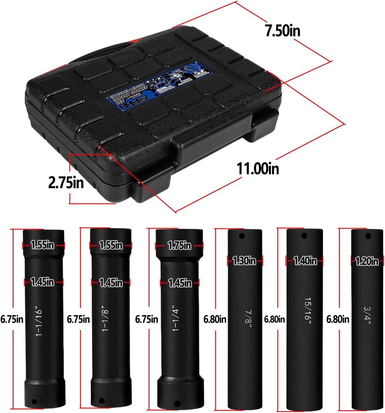 1/2 Inch Drive Extended Length Impact Socket Set 6 Sizes Heavy Duty with Case