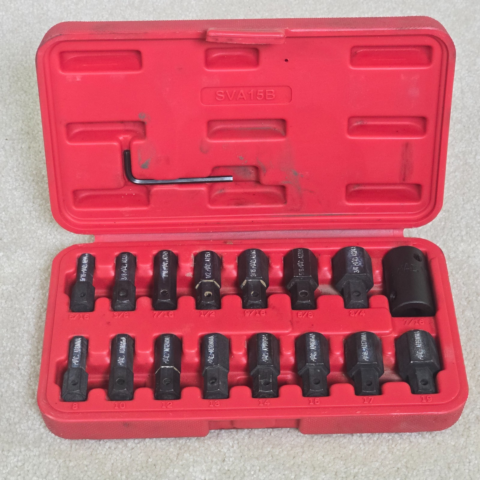 Mac Tools 16pc Hex Bit Driver Set Metric SAE SVA15B Case 8mm-19mm