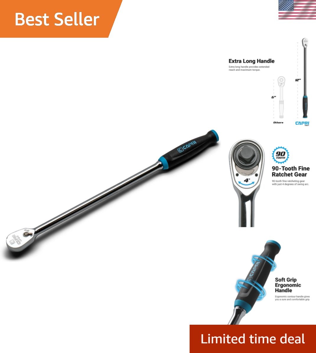 1/4 in. Drive Fine 90-Tooth Extra Long Ratchet, Ergonomic Soft Grip, 12 in. Long